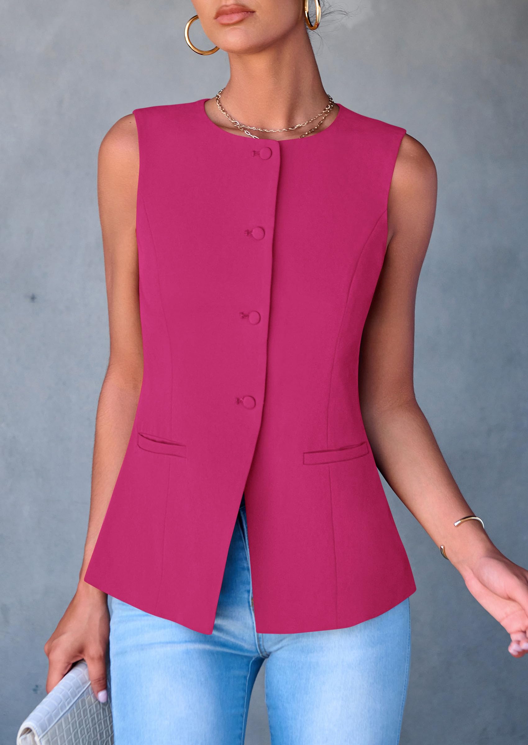 Women Tailored Suit Vest Business Casual Tops, Rose Red,M