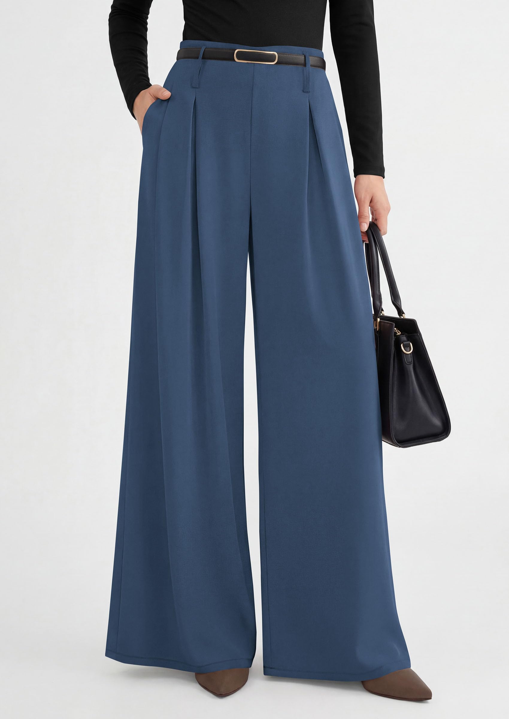 Womens Wide Leg Dress Pants Flowy Trousers,Grey Blue,S