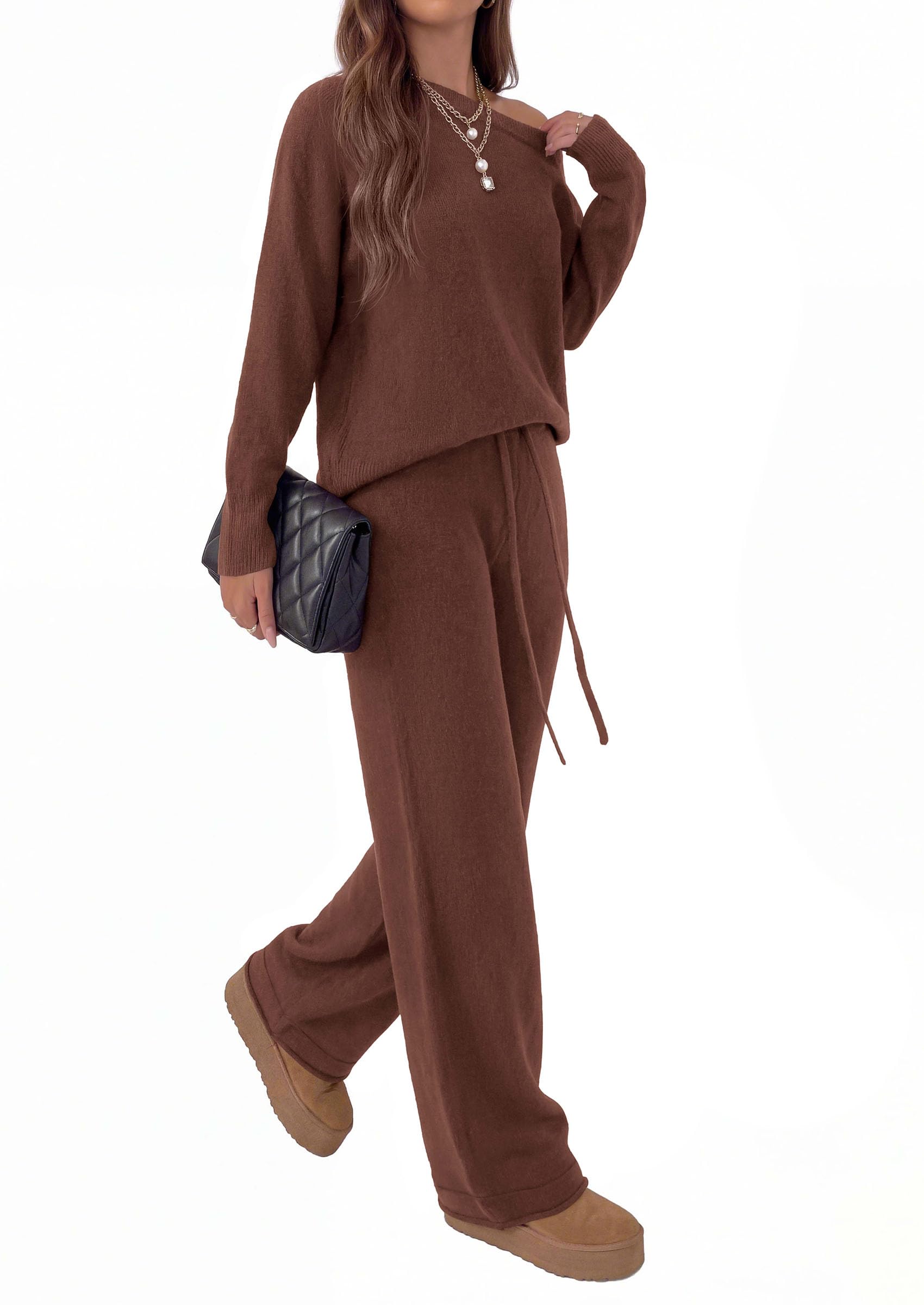 Lounge Sets Womens Sweaters Two Piece Outfits (Brown,L)