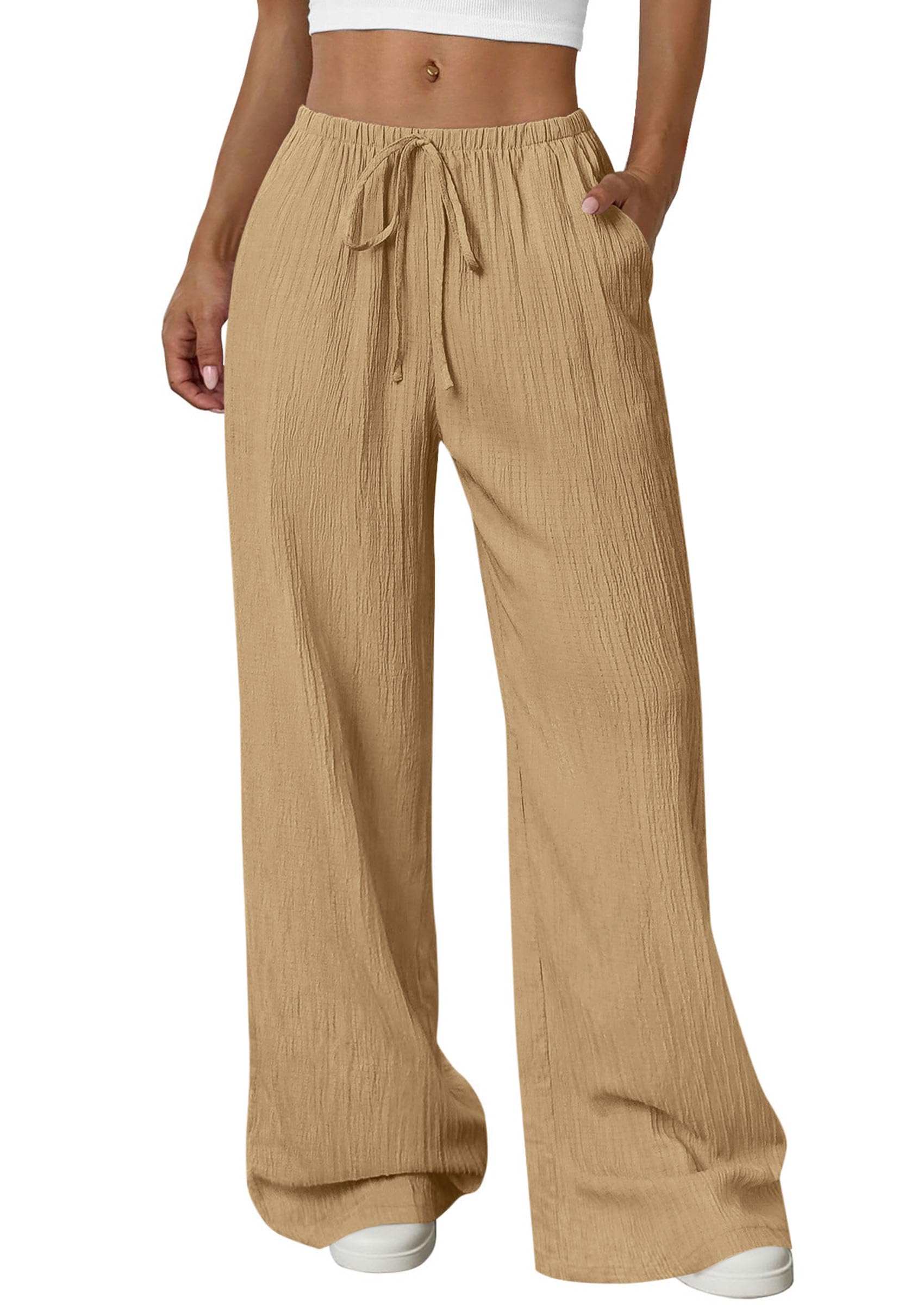 Women's Palazzo Pants Casual Wide Leg Trousers,Khaki,S