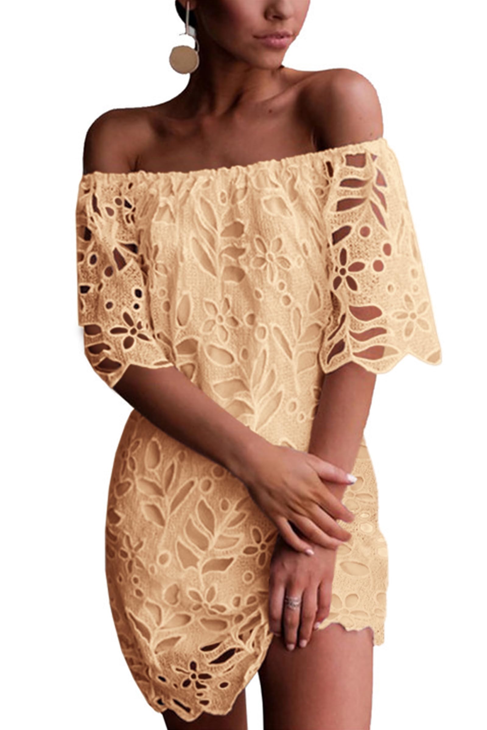Women's Boho Off the Shoulder Lace Mini Dress, Apricot,S