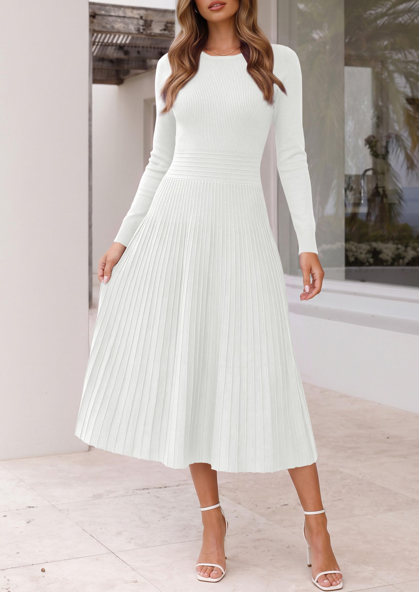 Women's Long Sleeve Knit Maxi Sweater Dress,White,S