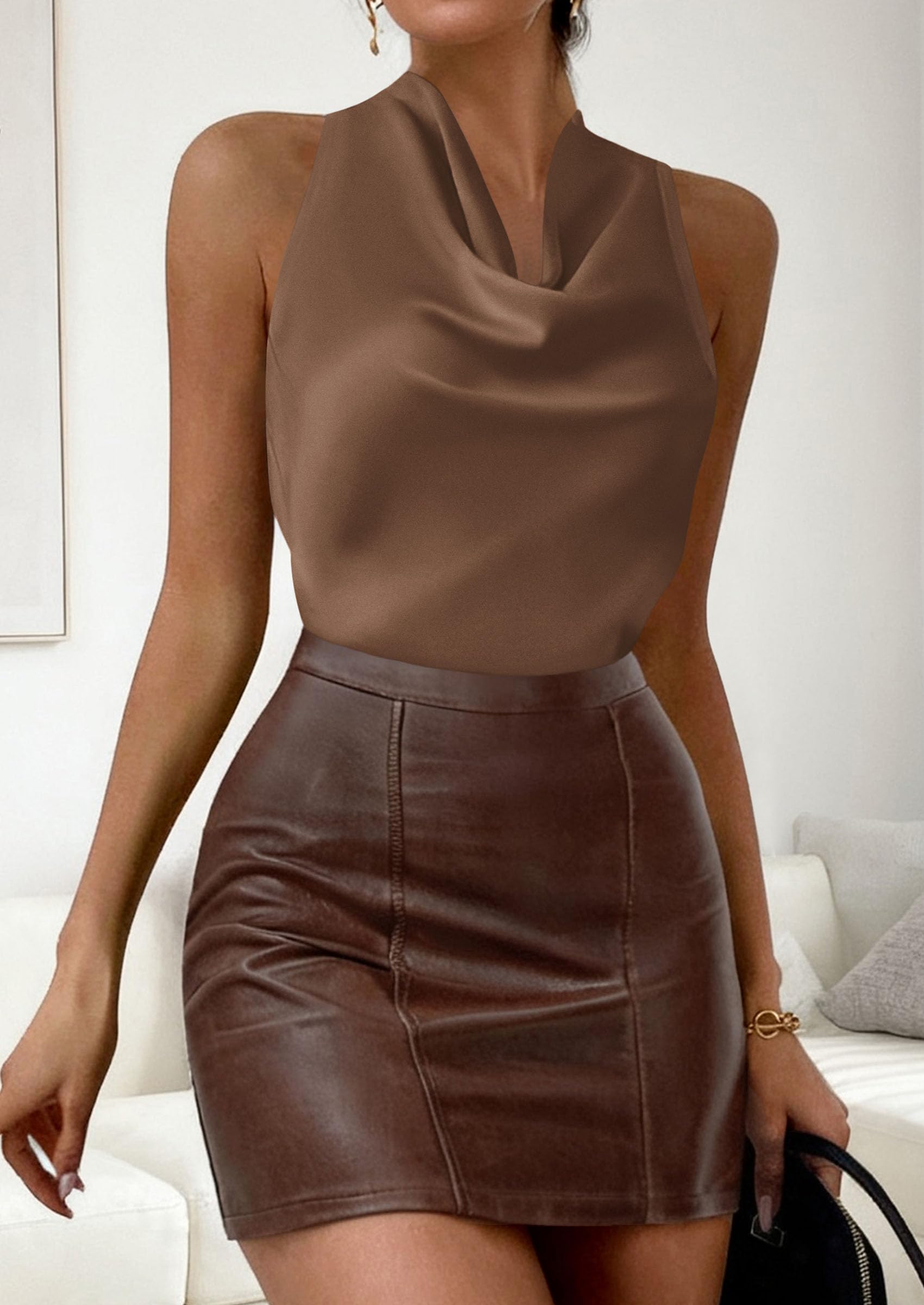 Satin Halter Tops for Women Dressy Casual Brown,XS