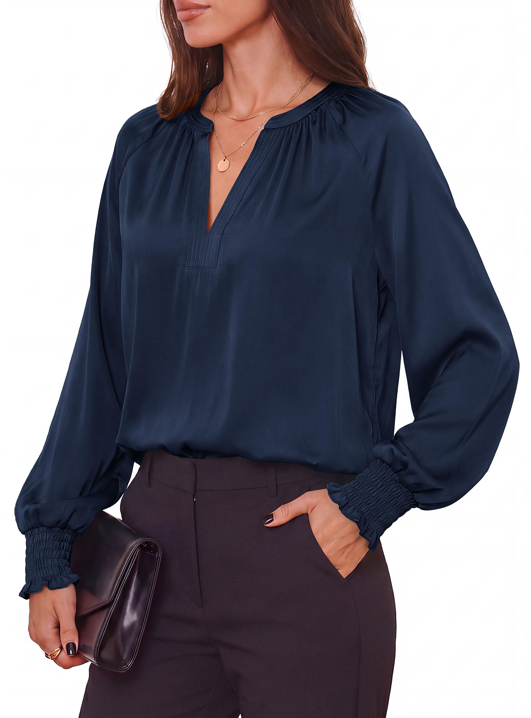 Women's Satin Blouses V Neck Long Sleeve Tops,Navy Blue,S