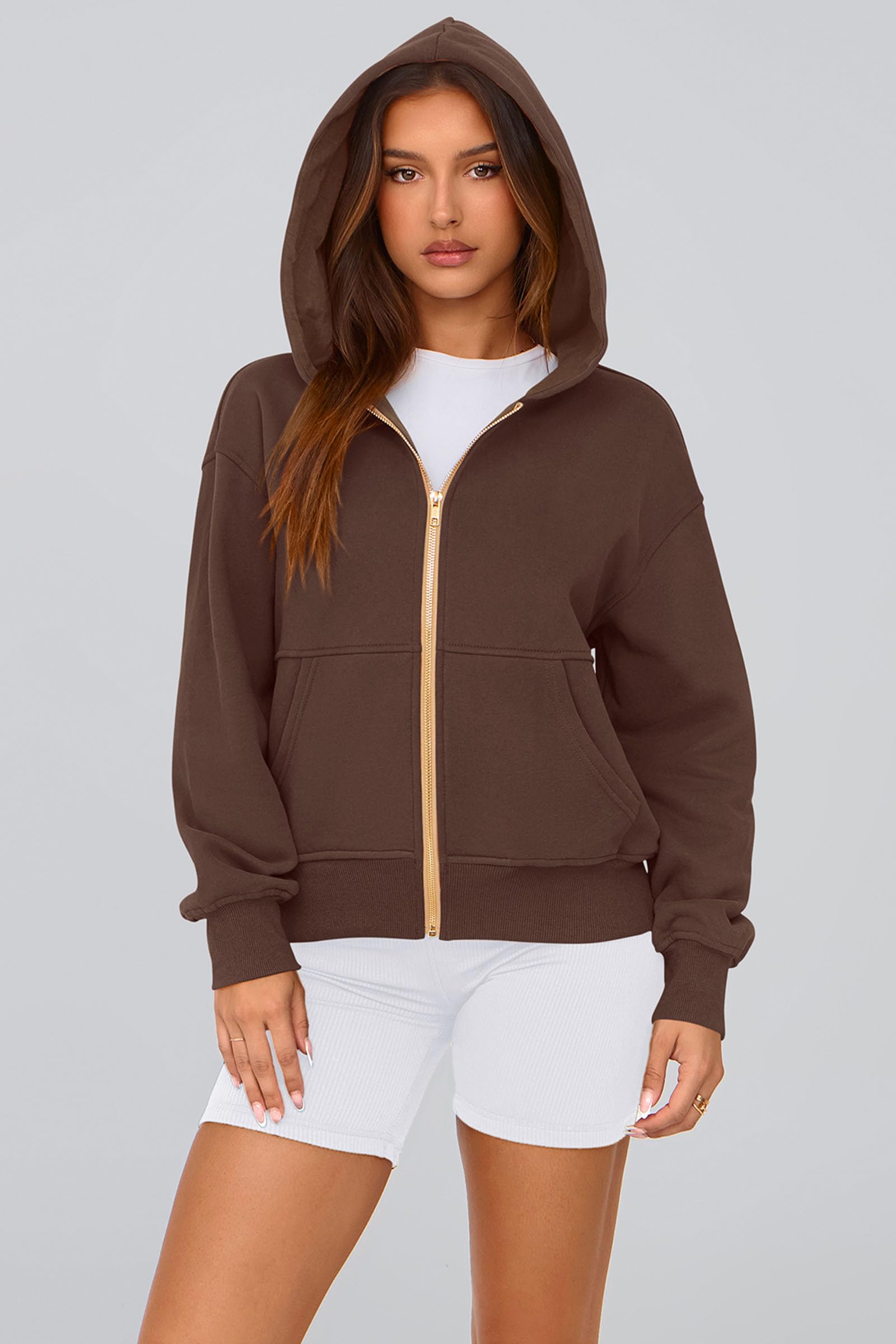 Hoodies for Women Fall Fashion Zip Up Fleece Plain Sweatshirt