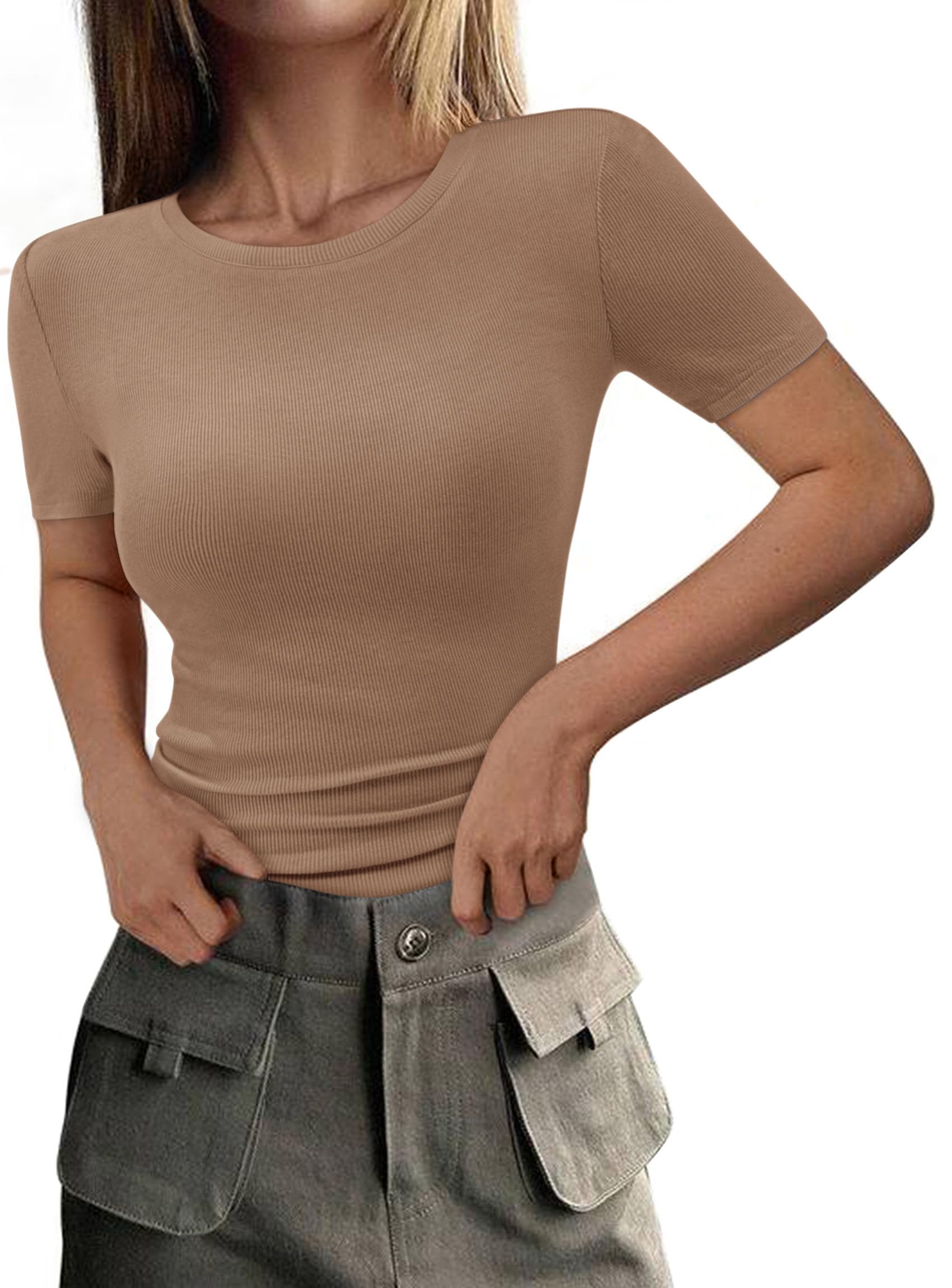Womens Short Sleeve Slim Fit Basic Shirts,Light Khaki,XS