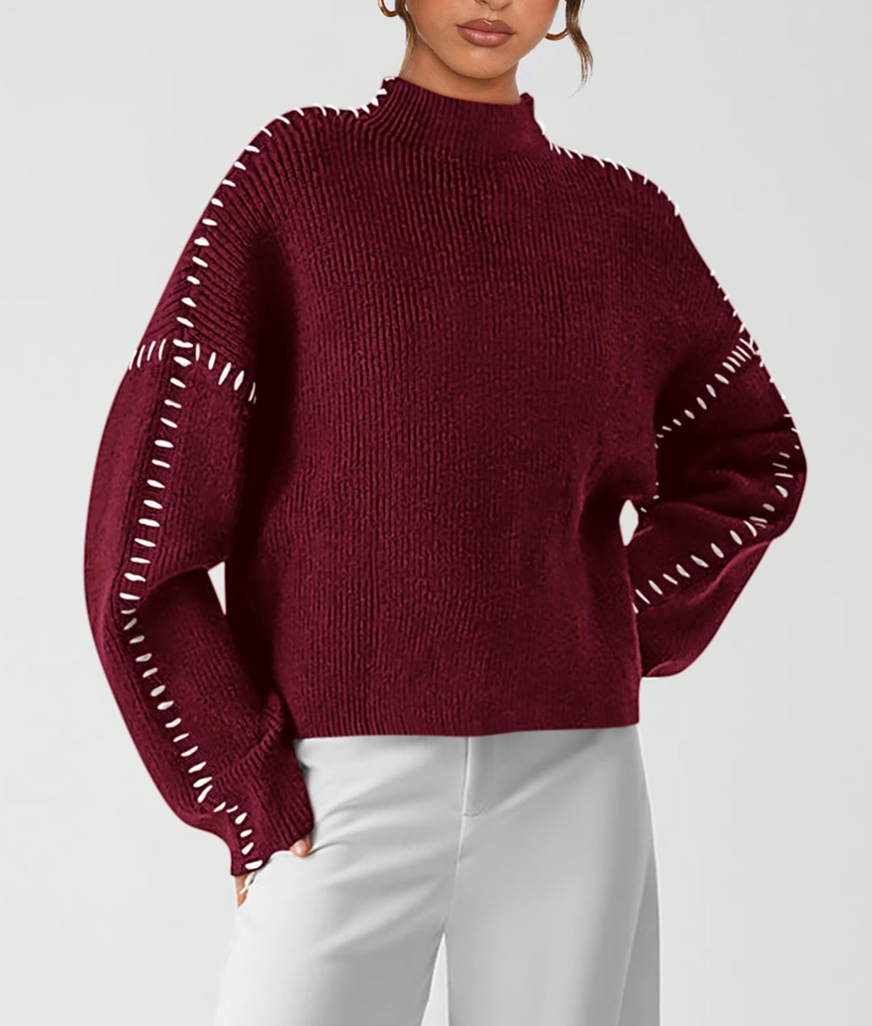 Womens Chunky Knit Oversized Pullover Sweaters,Wine Red,S