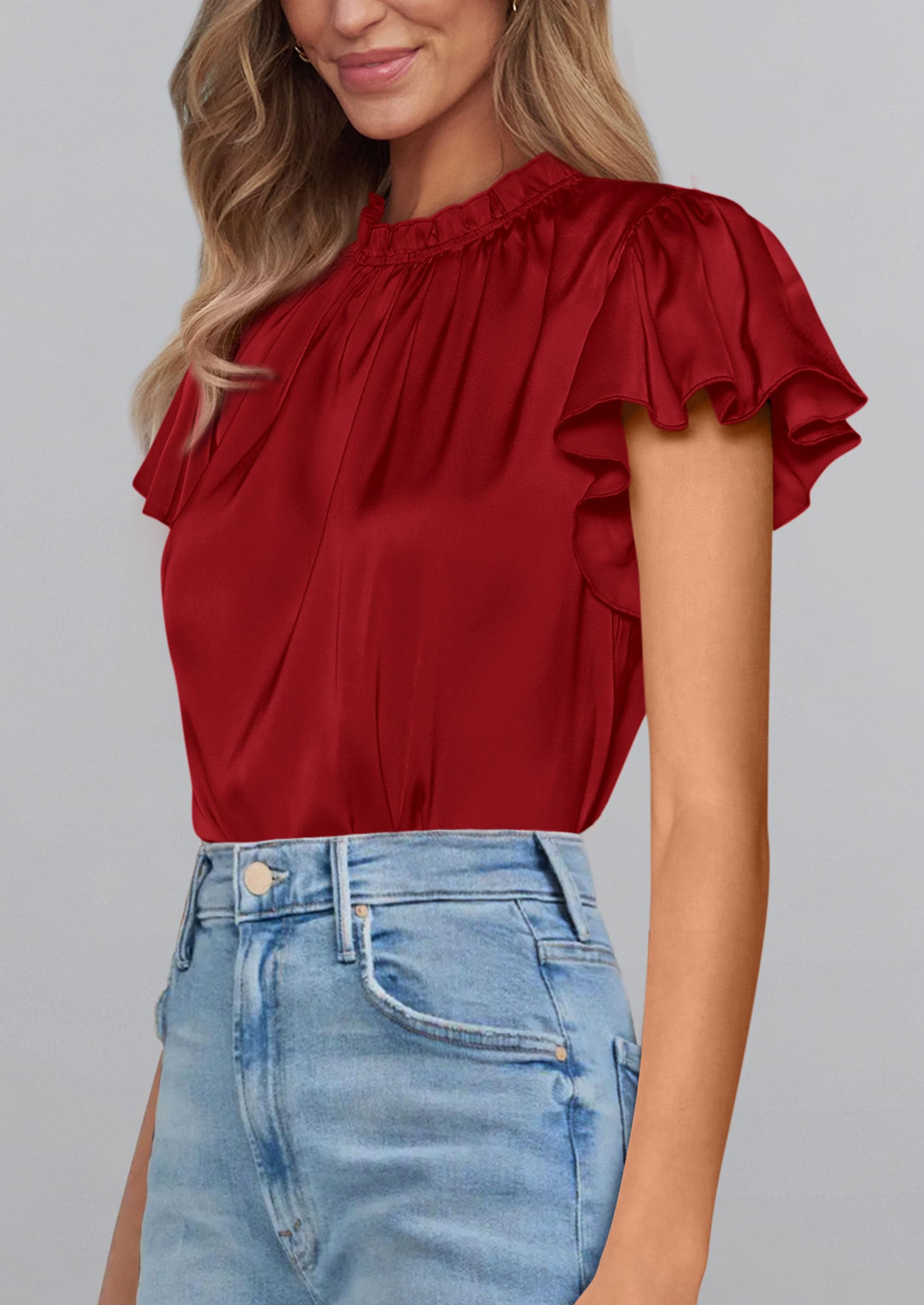 Women's Satin Tops Business Casual Work Blouses, Red,S