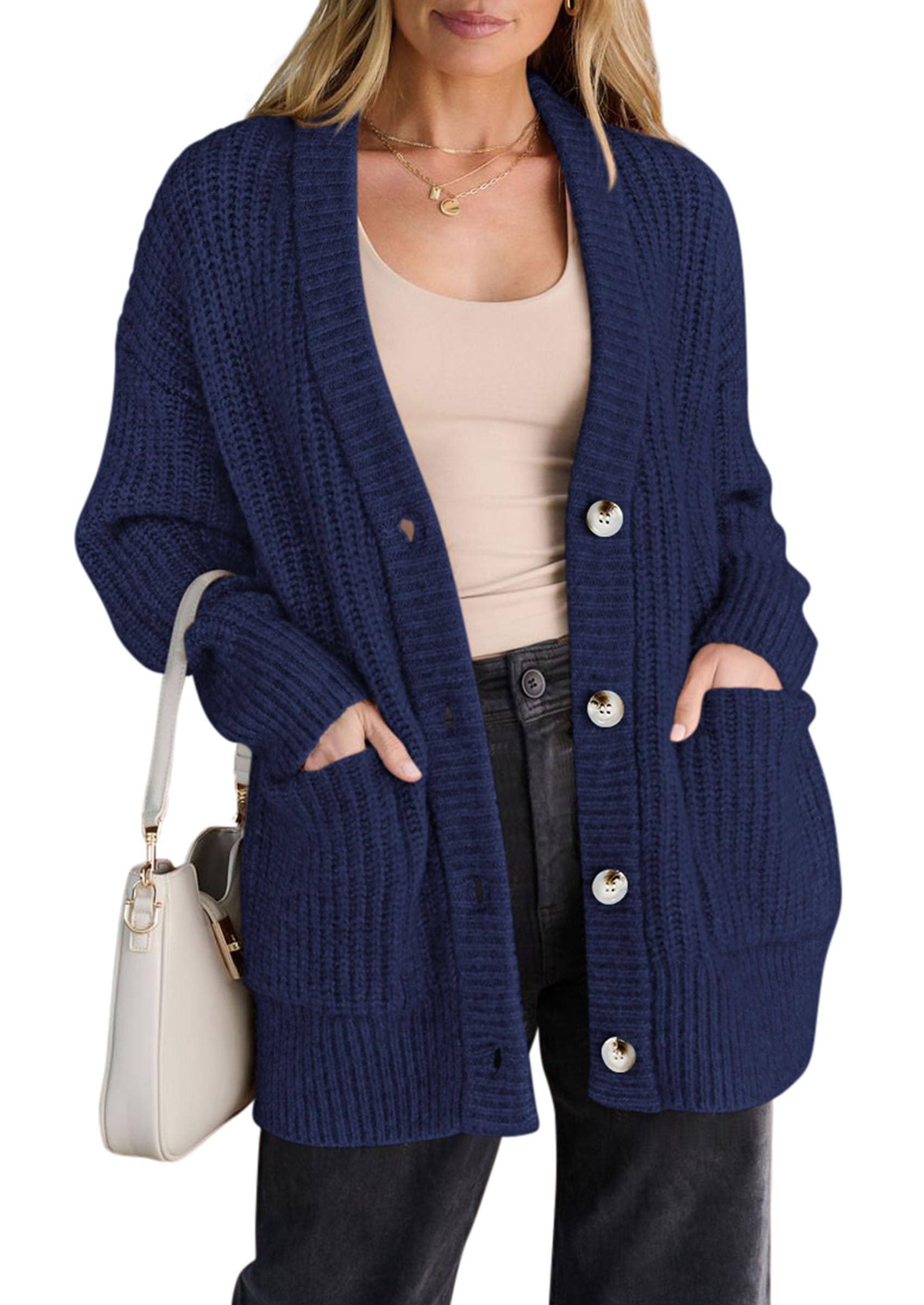 Oversized Cardigan Sweaters for Women Button Up,Navy Blue,S