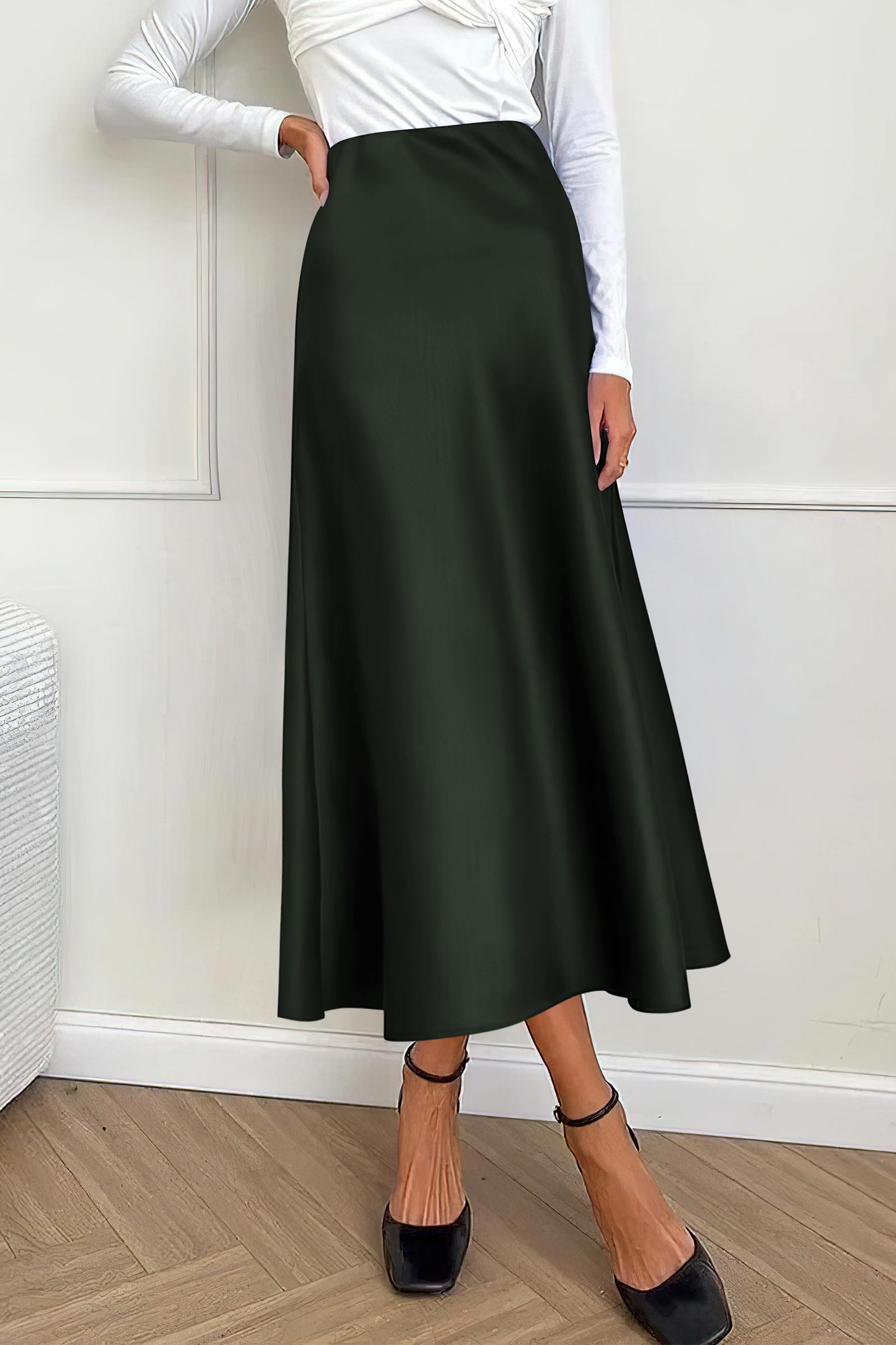 Women's Satin Midi Skirts Dressy Casual,Dark Army Green,S