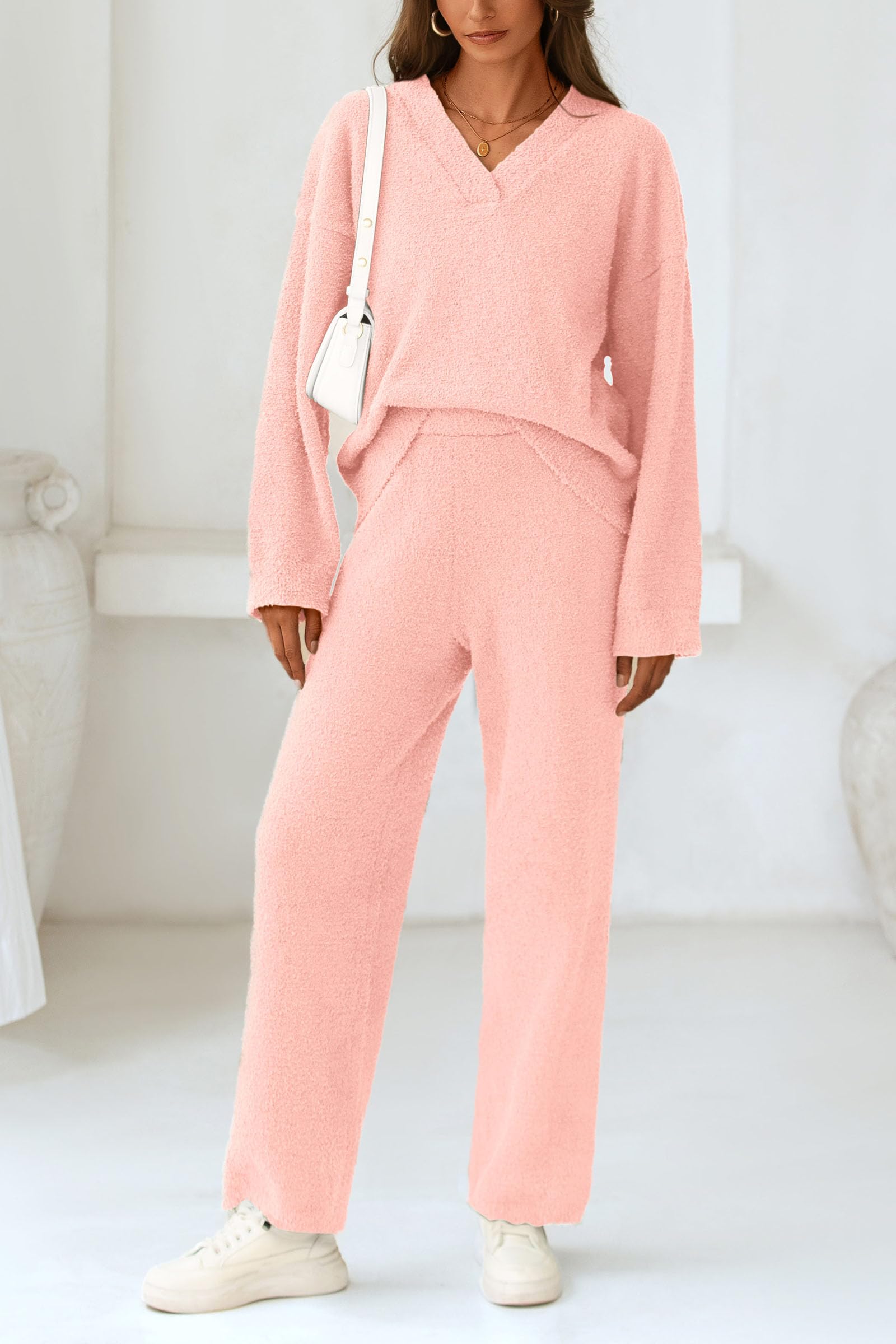 Lounge Sets for Women Fall 2 Piece Fuzzy Sweater Pajama Set