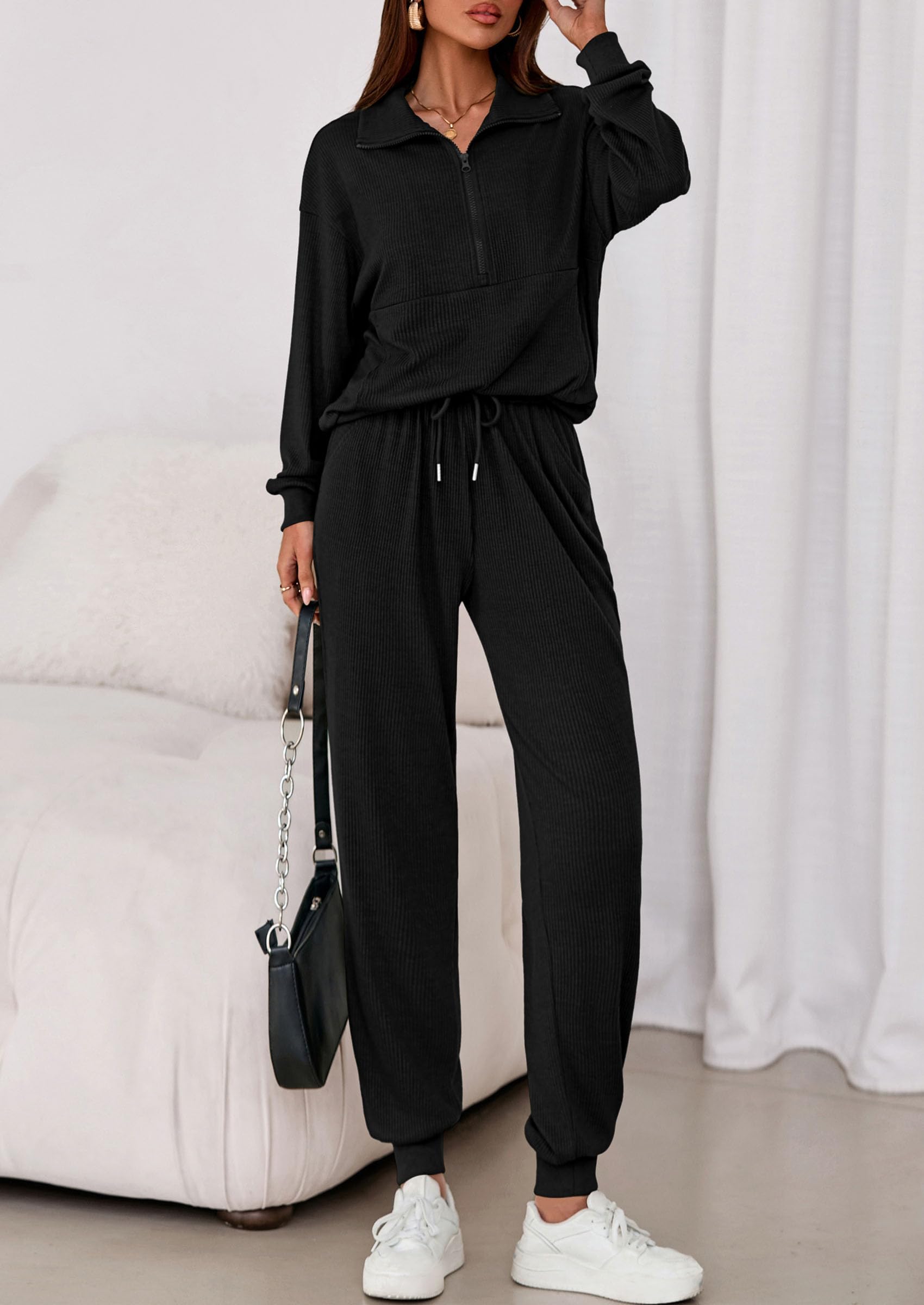 Airport Travel Outfit Women Ribbed Knit Matching Lounge Sets
