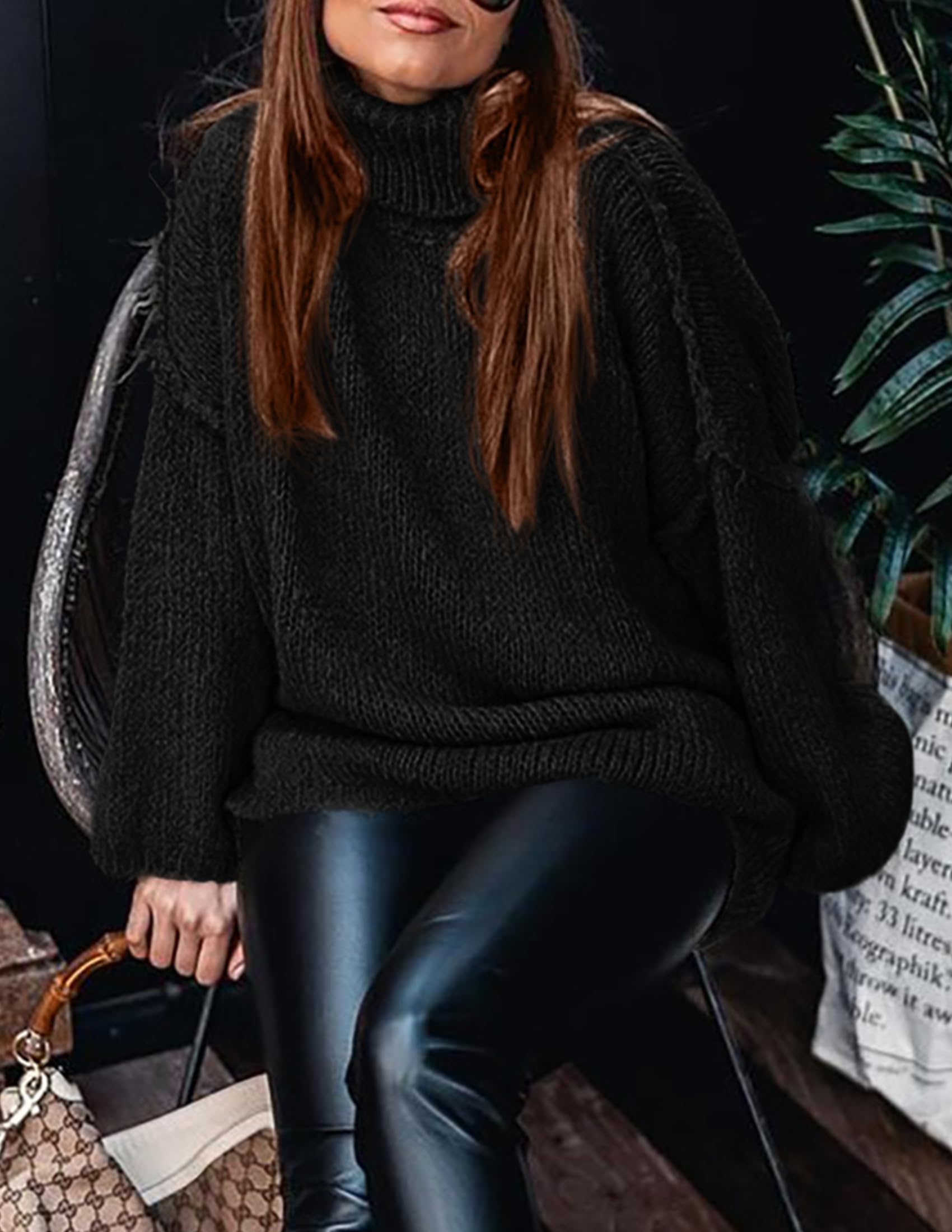 Womens Turtleneck Long Sleeve Oversized Sweaters,Black,S