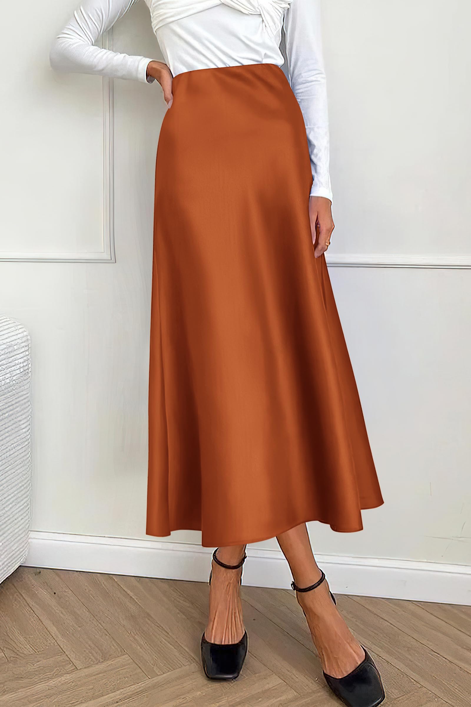 Women's Satin Midi Skirts Dressy Casual,Rust Red,S
