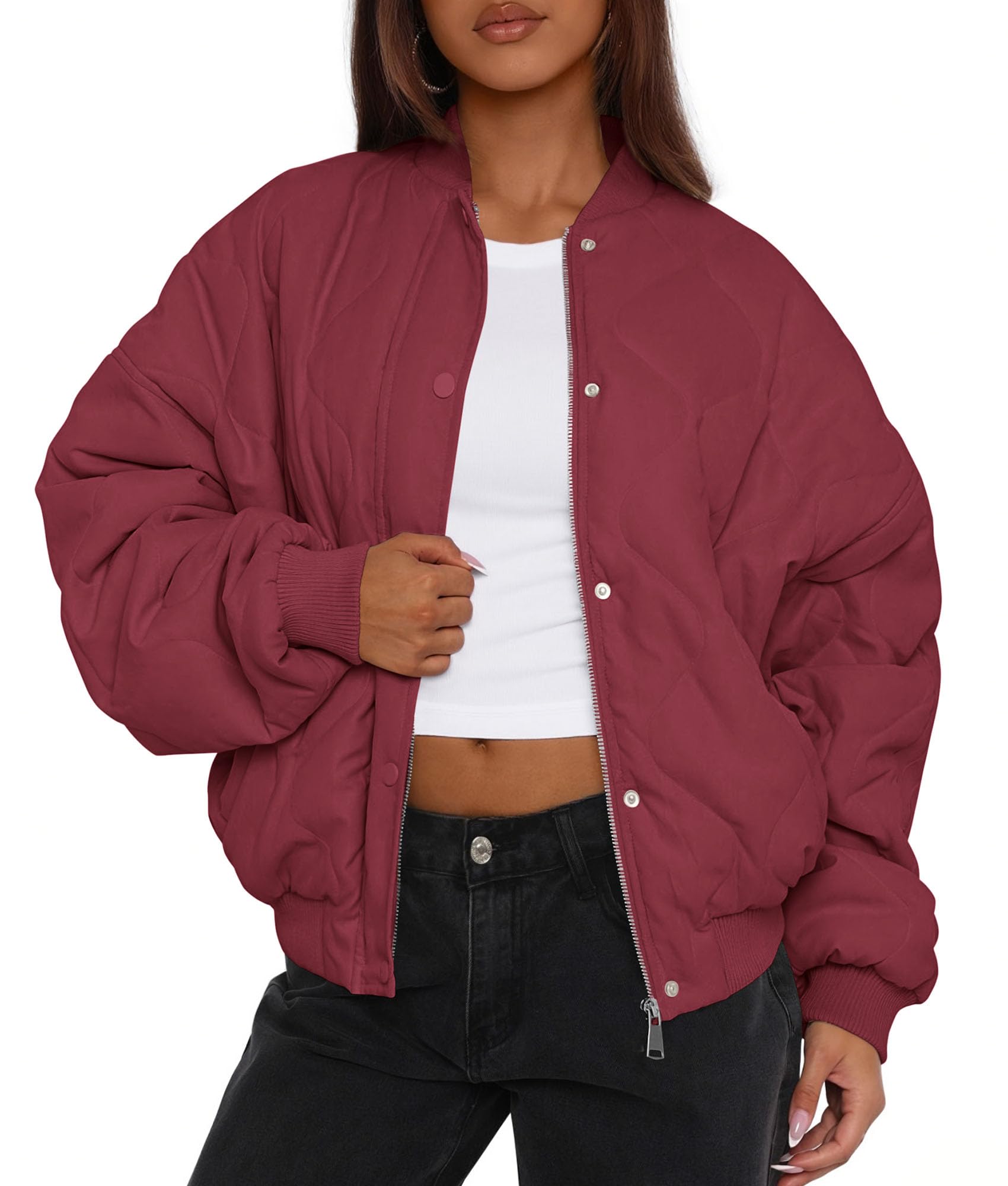 Women's Quilted Bomber Jacket Fall Fashion 2026 Lightweight Cropped Zip up Outerwear Winter Puffer Coats Pockets (Burgundy,Small)
