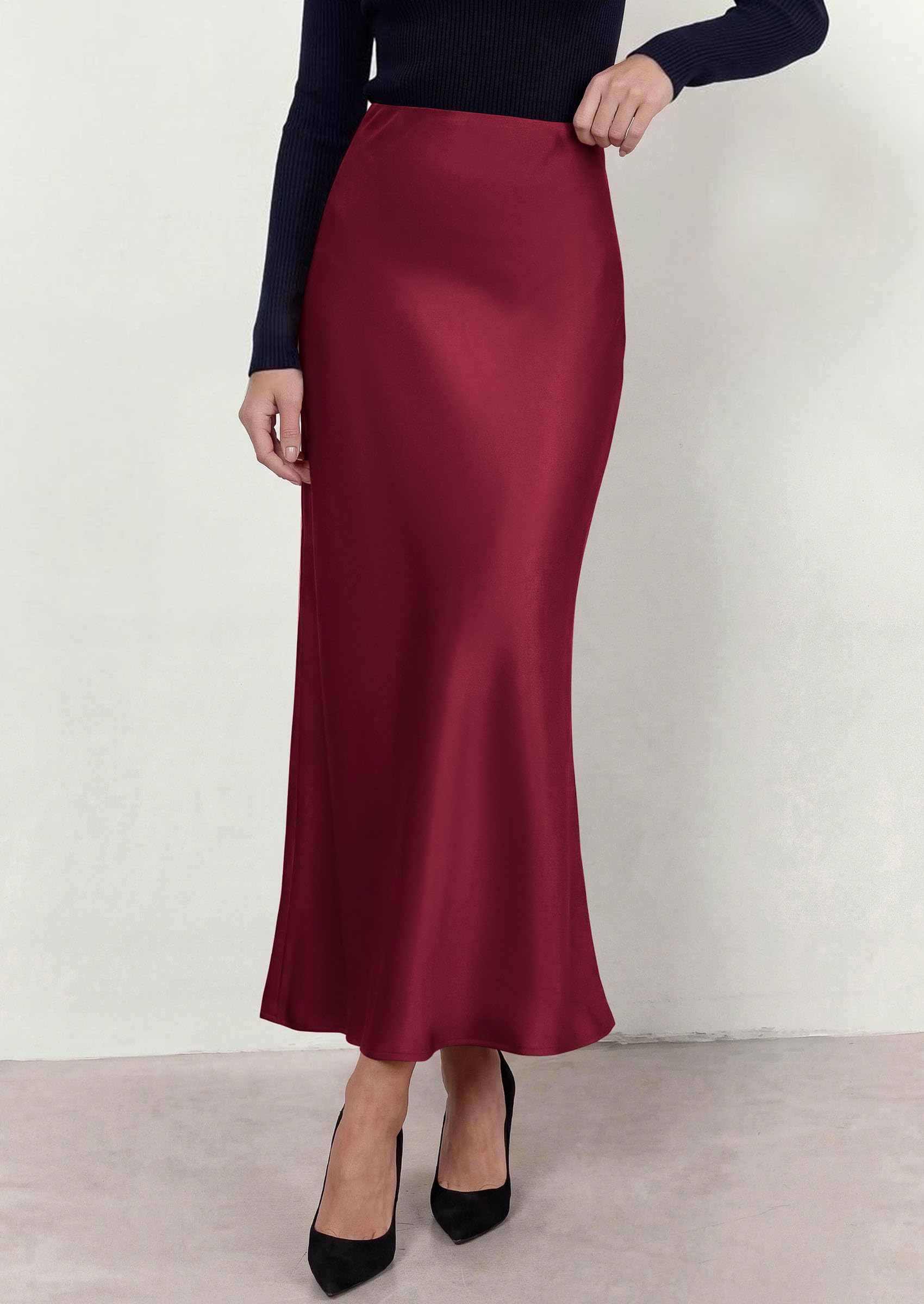 Women's Silk Satin Maxi Skirts Fall Clothes (Burgundy,S)