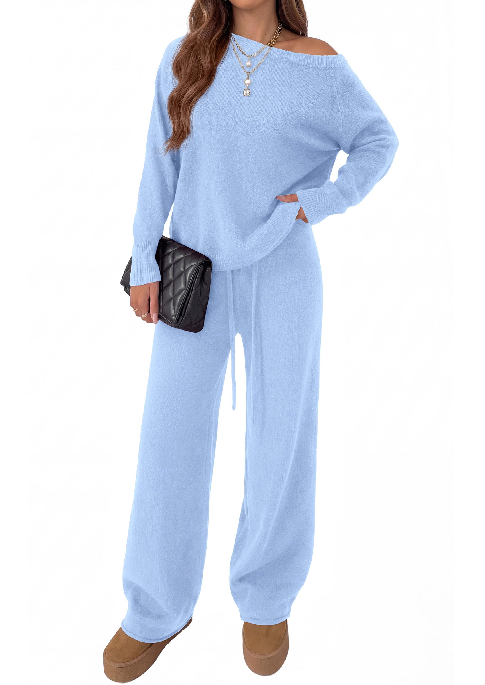 Lounge Sets Womens Sweaters Two Piece Outfits (Light Blue,S)
