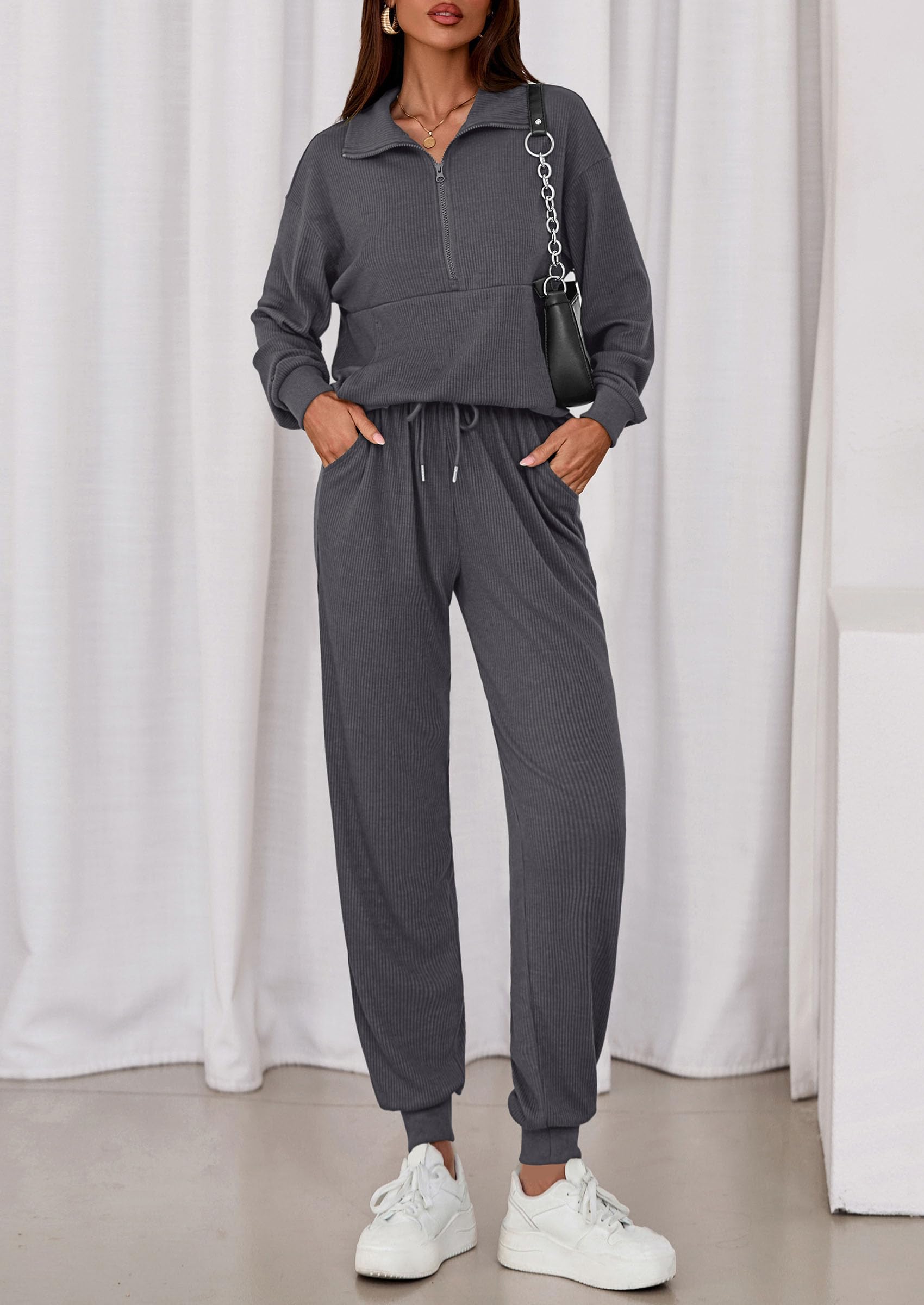 Airport Travel Outfit Women Ribbed Knit Matching Lounge Sets