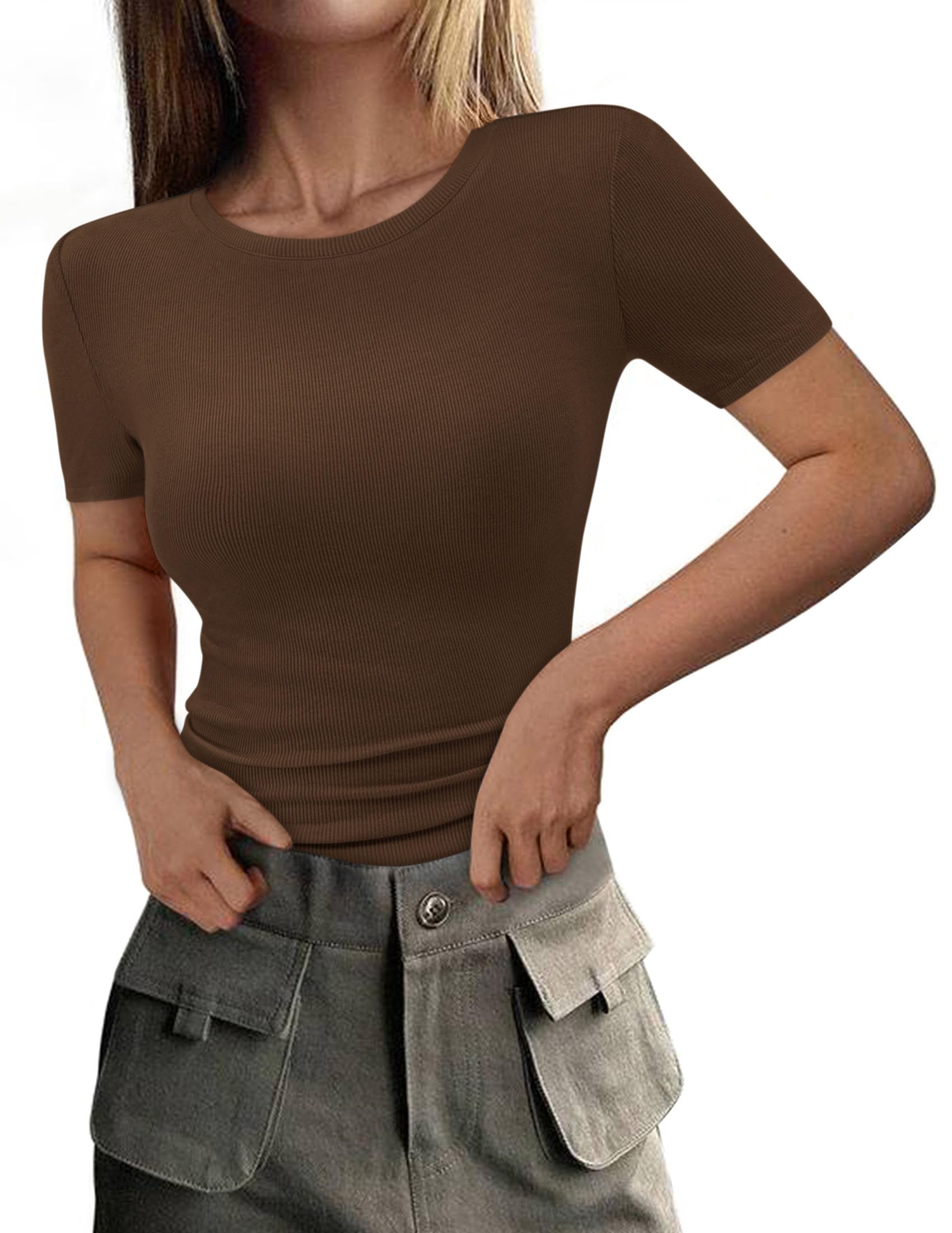 Womens Short Sleeve Slim Fit Basic Shirts,Coffee,XS