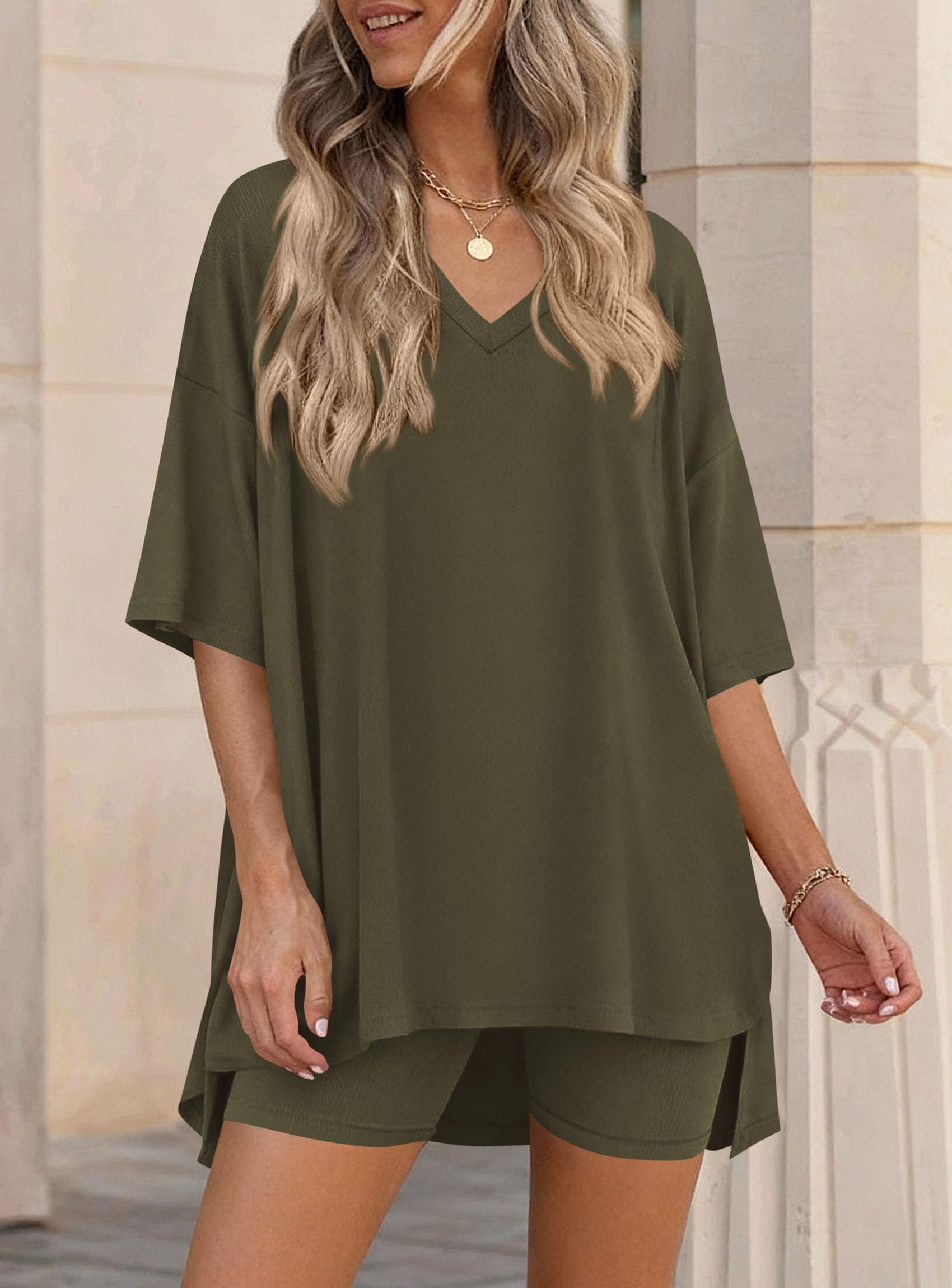 Womens 2 Piece Outfit Lounge Short Sets,Army Green,S