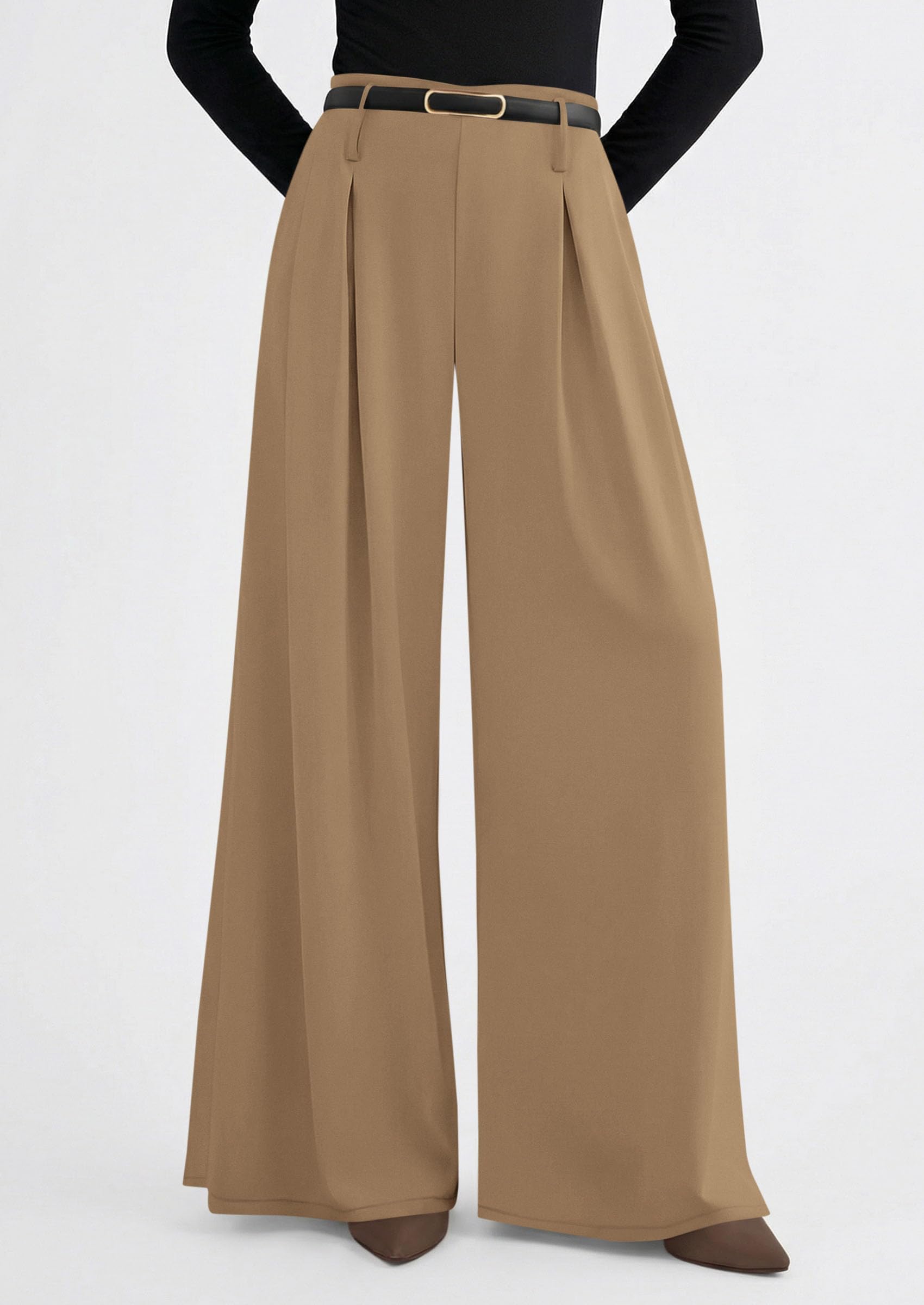 Womens Wide Leg Dress Pants Flowy Trousers,Khaki,S