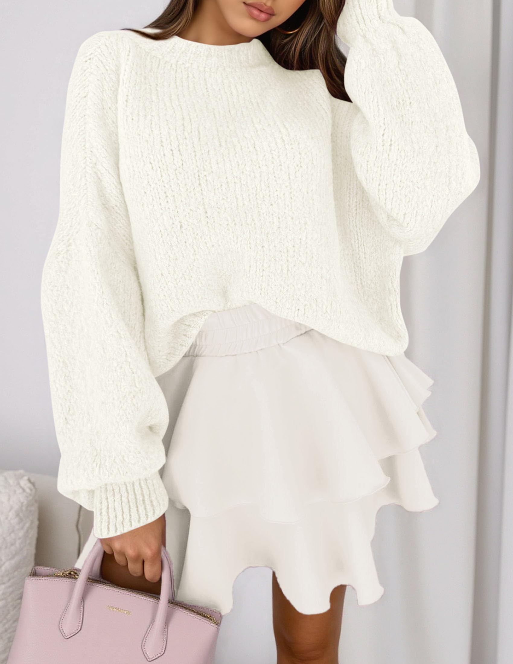 Women's Chunky Knit Oversized Pullover Sweaters,White,S