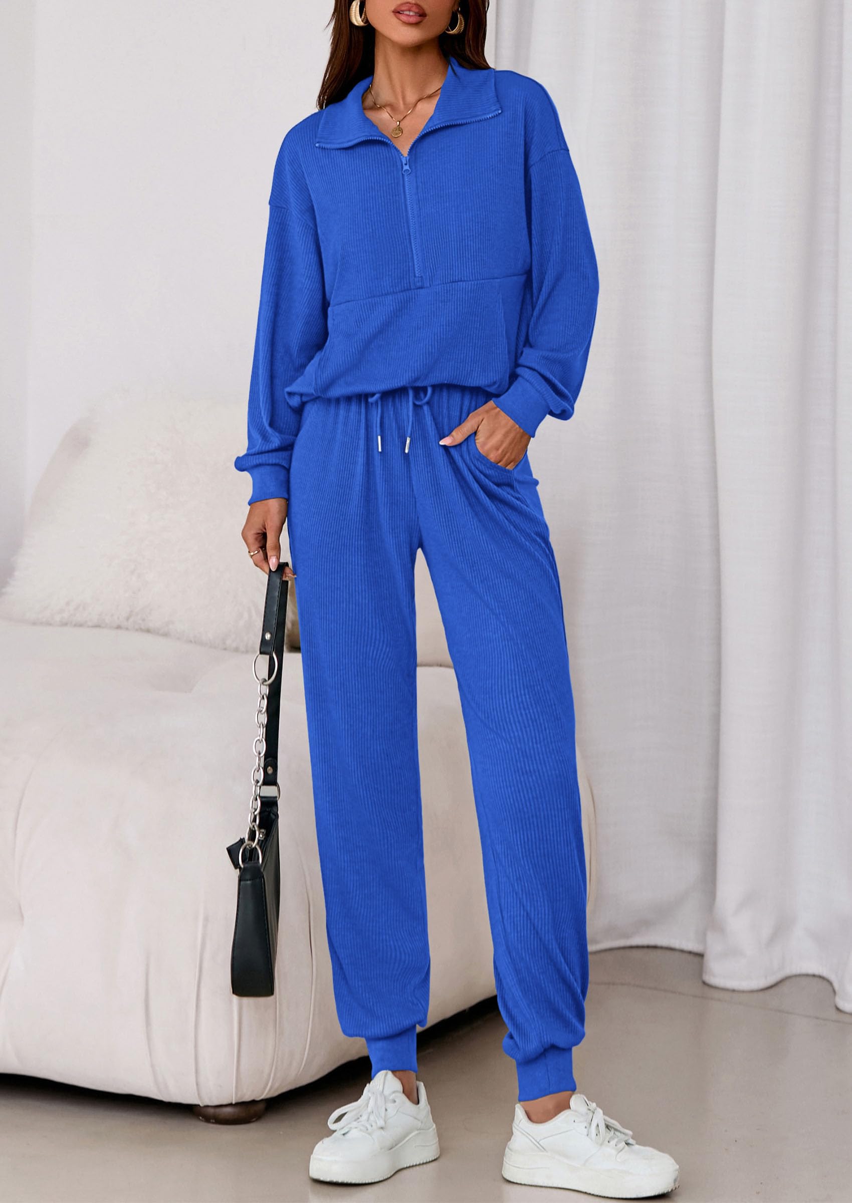 Airport Travel Outfit Women Ribbed Knit Matching Lounge Sets