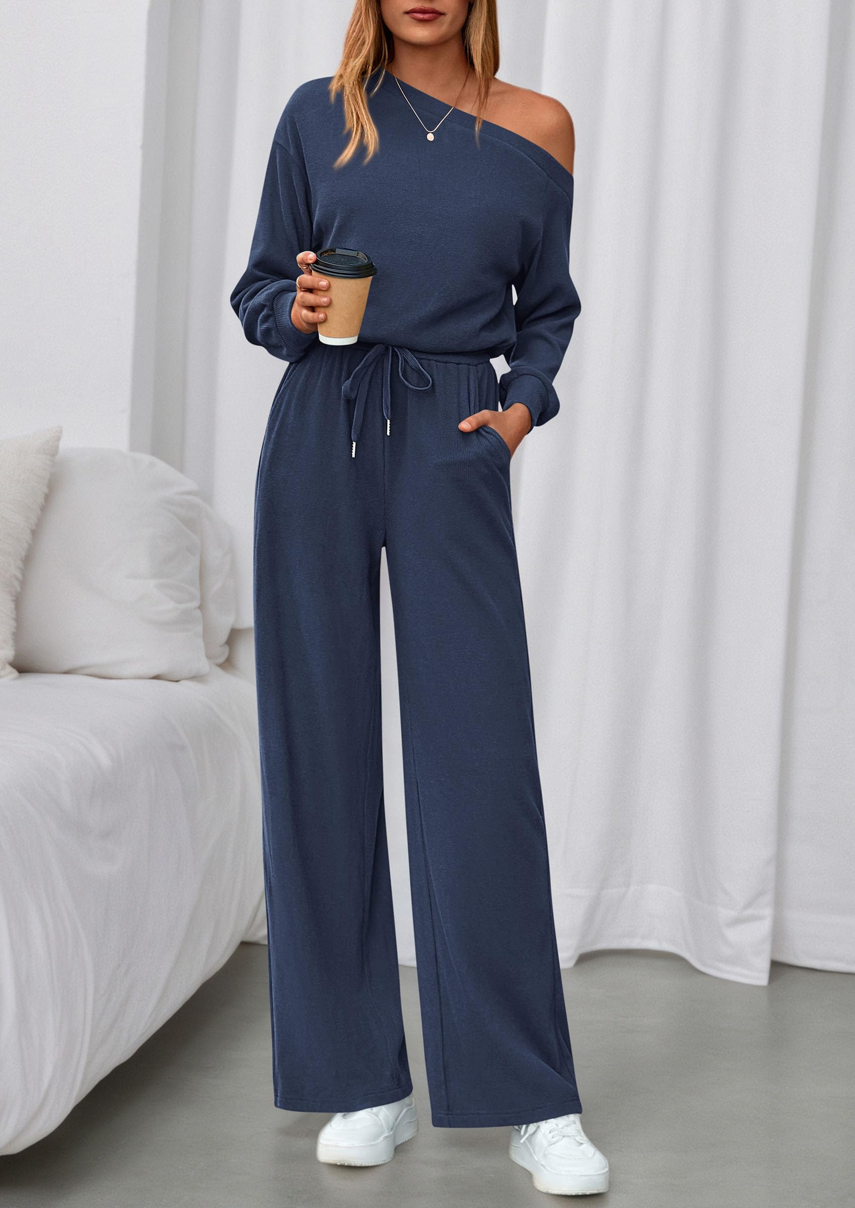 Womens Off Shoulder Long Sleeve Jumpsuit,Navy,M