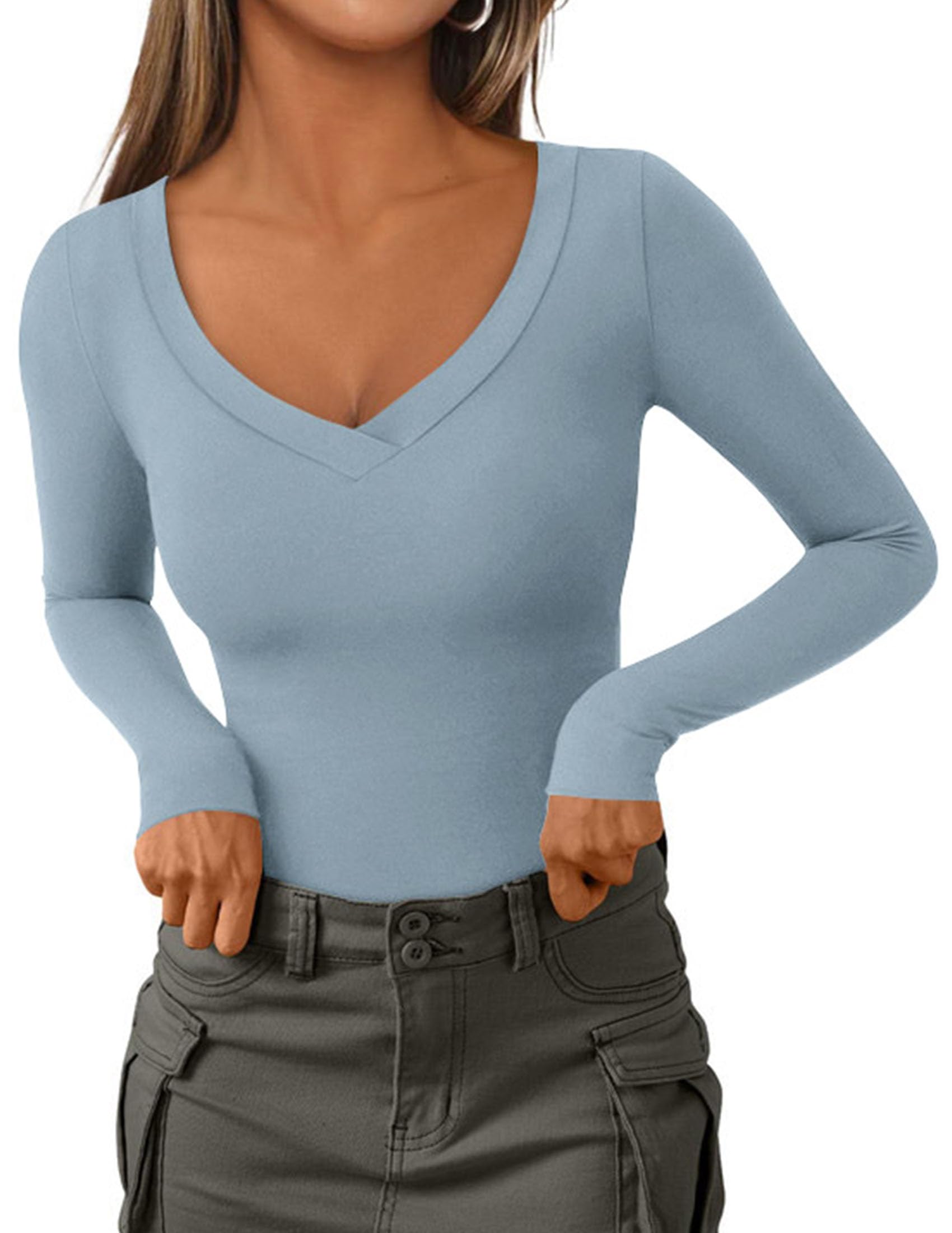 Women's V Neck Long Sleeve Shirts,Light Grey Blue,X-S