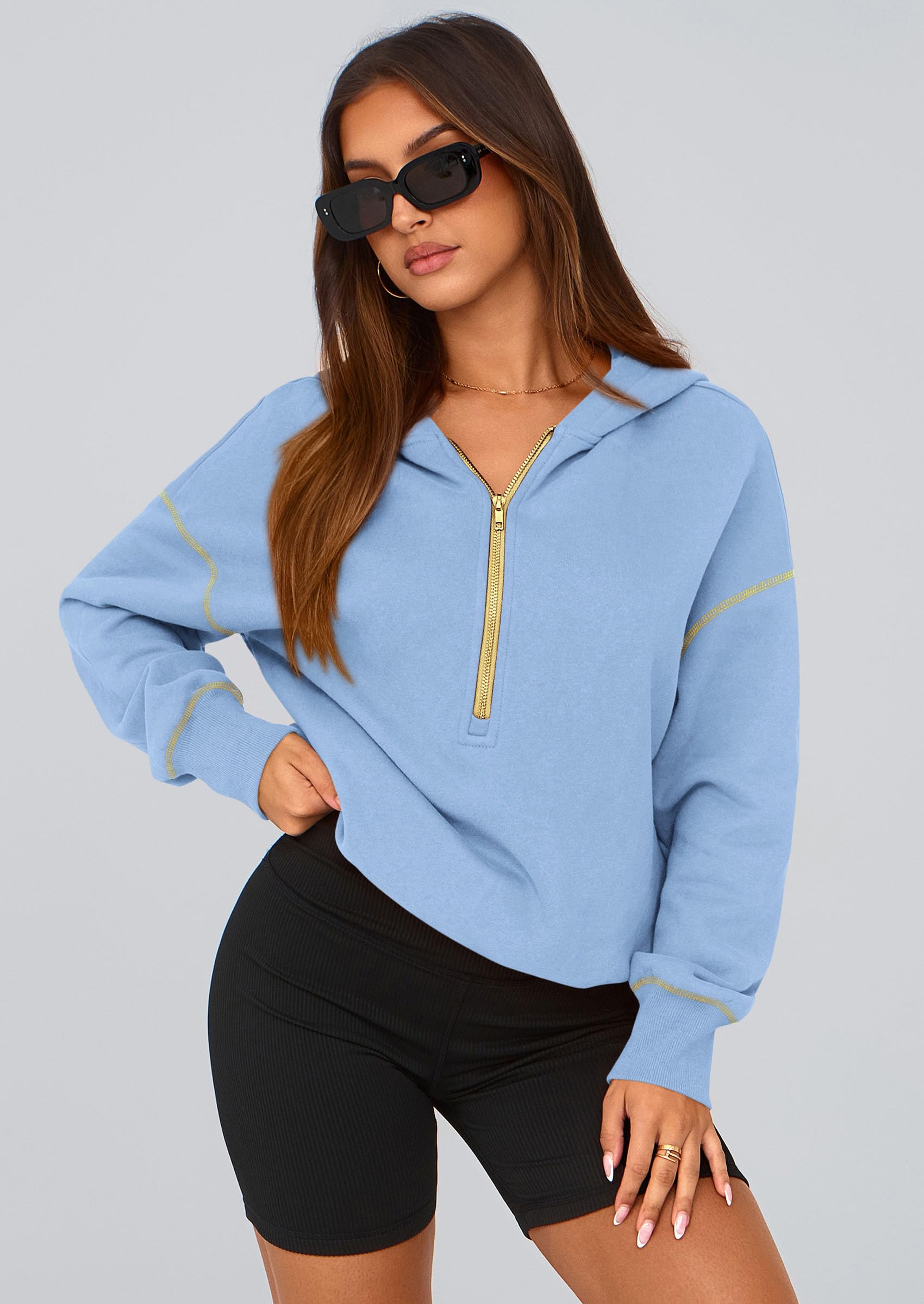 Women's Fall Half Zip Cropped Hoodie Sweatshirt Sky Blue