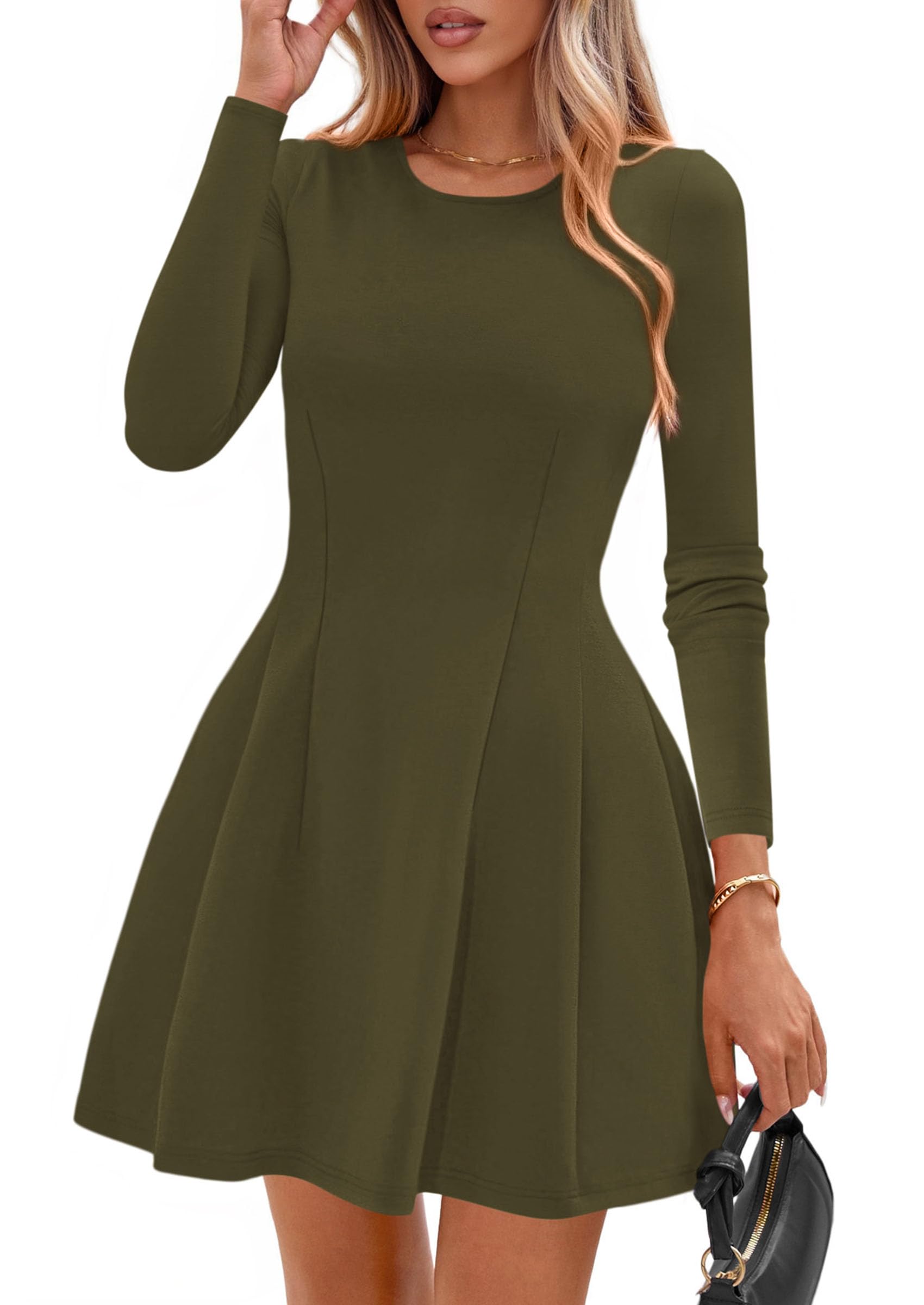 Womens Long Sleeve Pleated Mini Dress,Army Green,XS