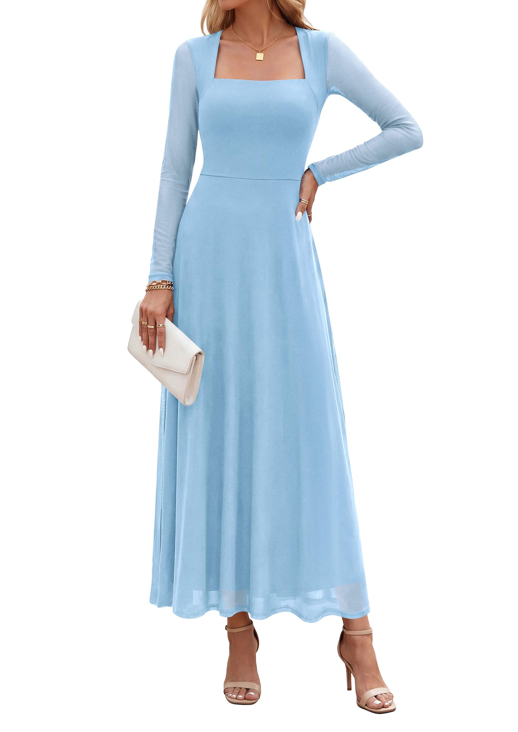 Women's Flowy Maxi Mesh Fall Cocktail Wedding Guest Dresses