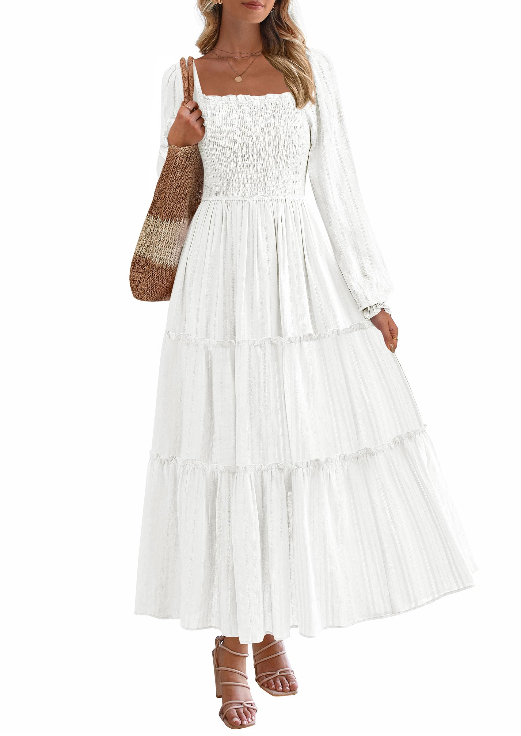 Women's Long Sleeve Ruffle Flowy Maxi Dress,White,S