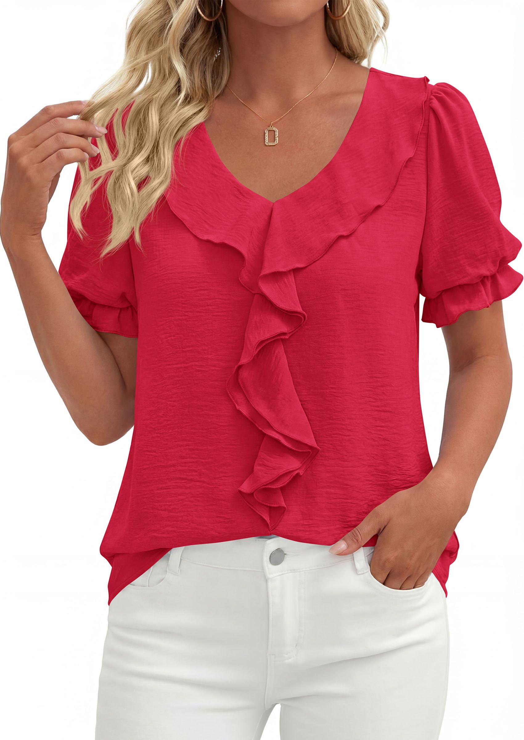 Women's Summer Ruffle Dressy Casual Blouses (Red,S)