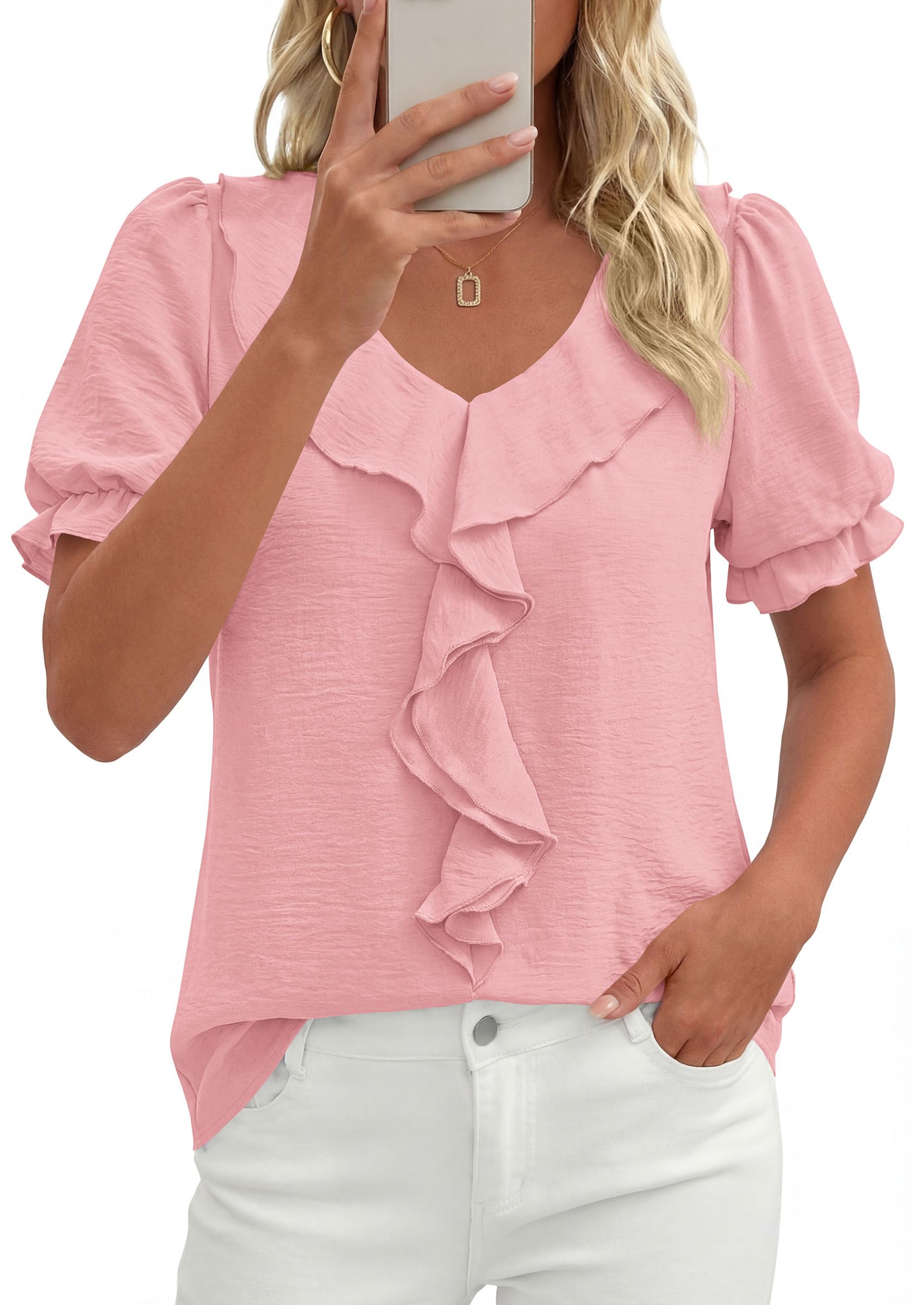 Women's Summer Ruffle Dressy Casual Blouses (Pink,S)
