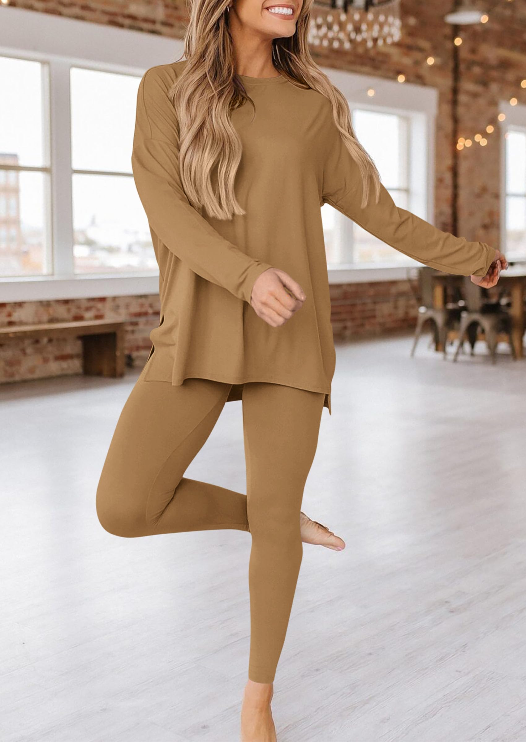 Women's 2 Piece Outfits Matching Lounge Sets,Khaki,S