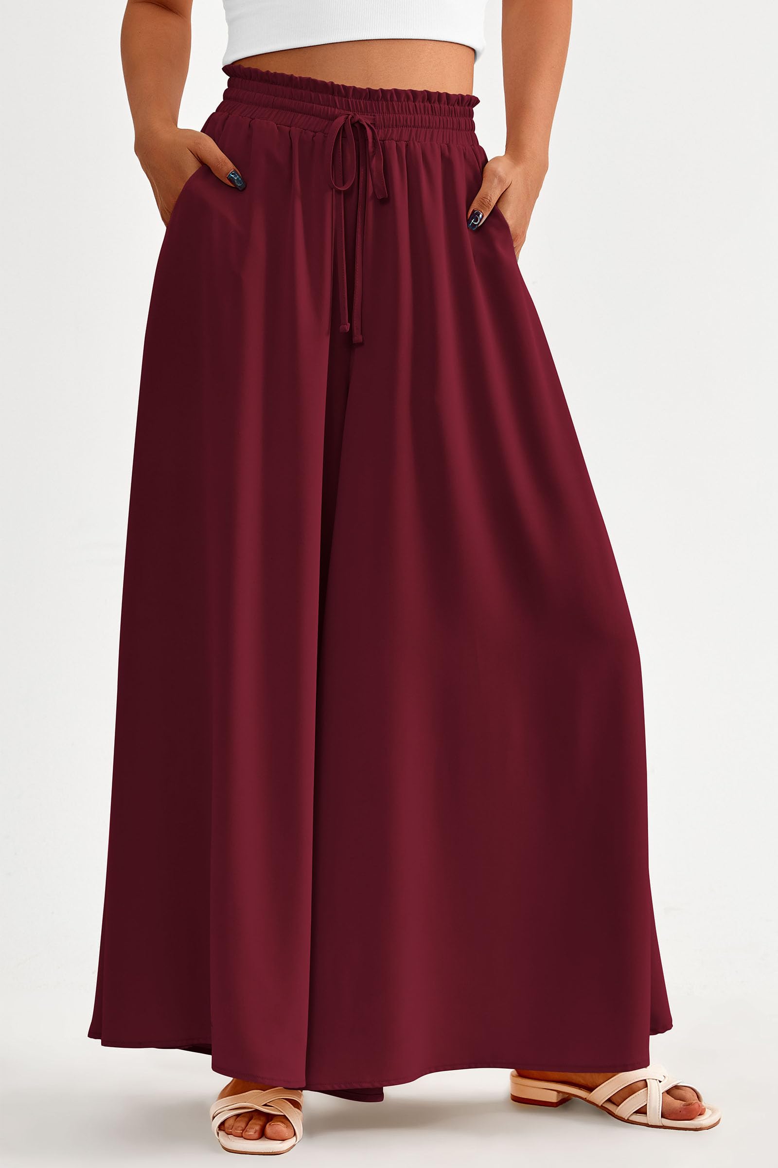 Summer Wide Leg Palazzo Pants for Women Casual,Wine Red,S