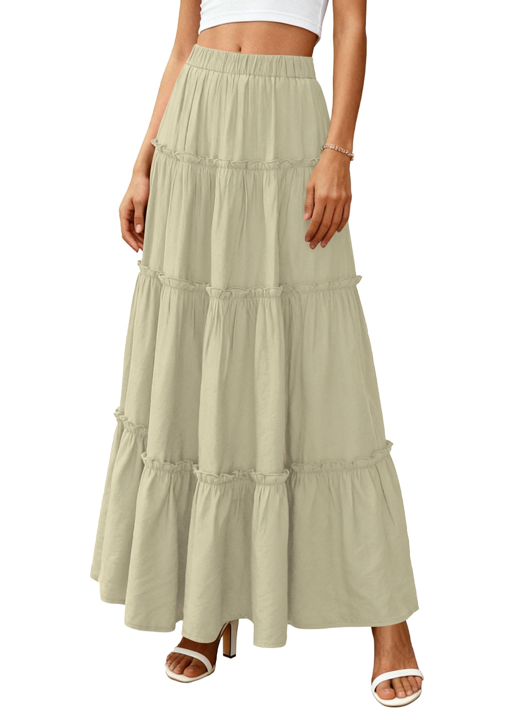Women's Boho Tiered Ruffle Flowy Maxi Skirt, Sage Green,S