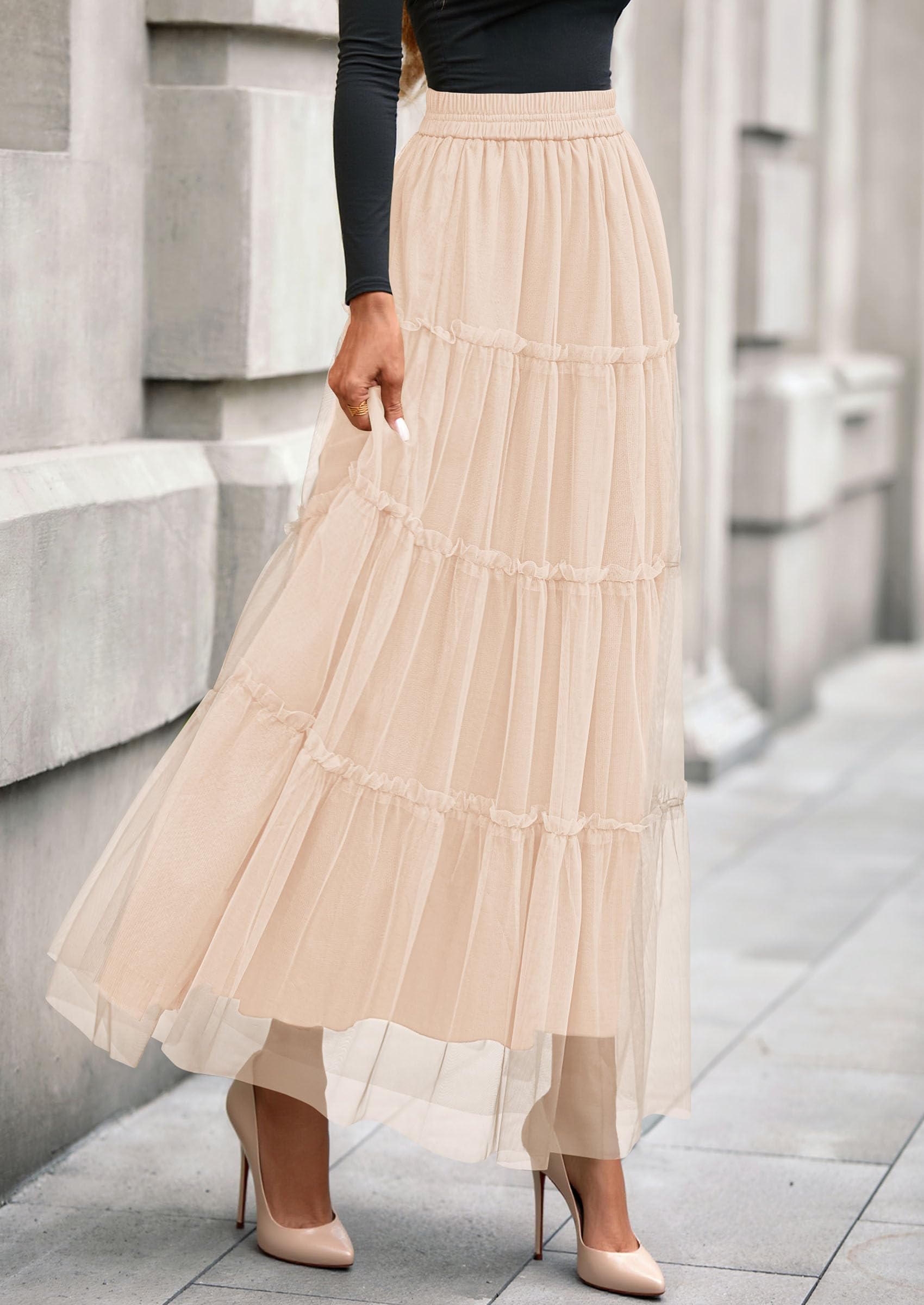 Women's Fall Soft Tulle Tiered Long Skirt,Beige,S