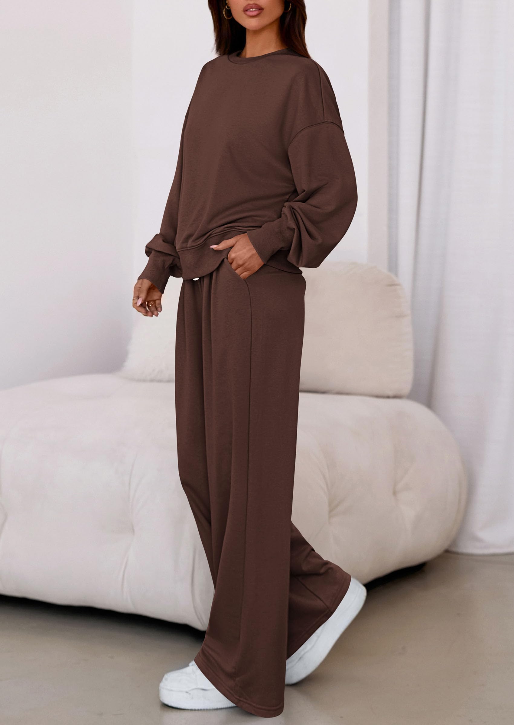 Womens Loose Fit Casual 2 Piece Lounge Set,Brown,S