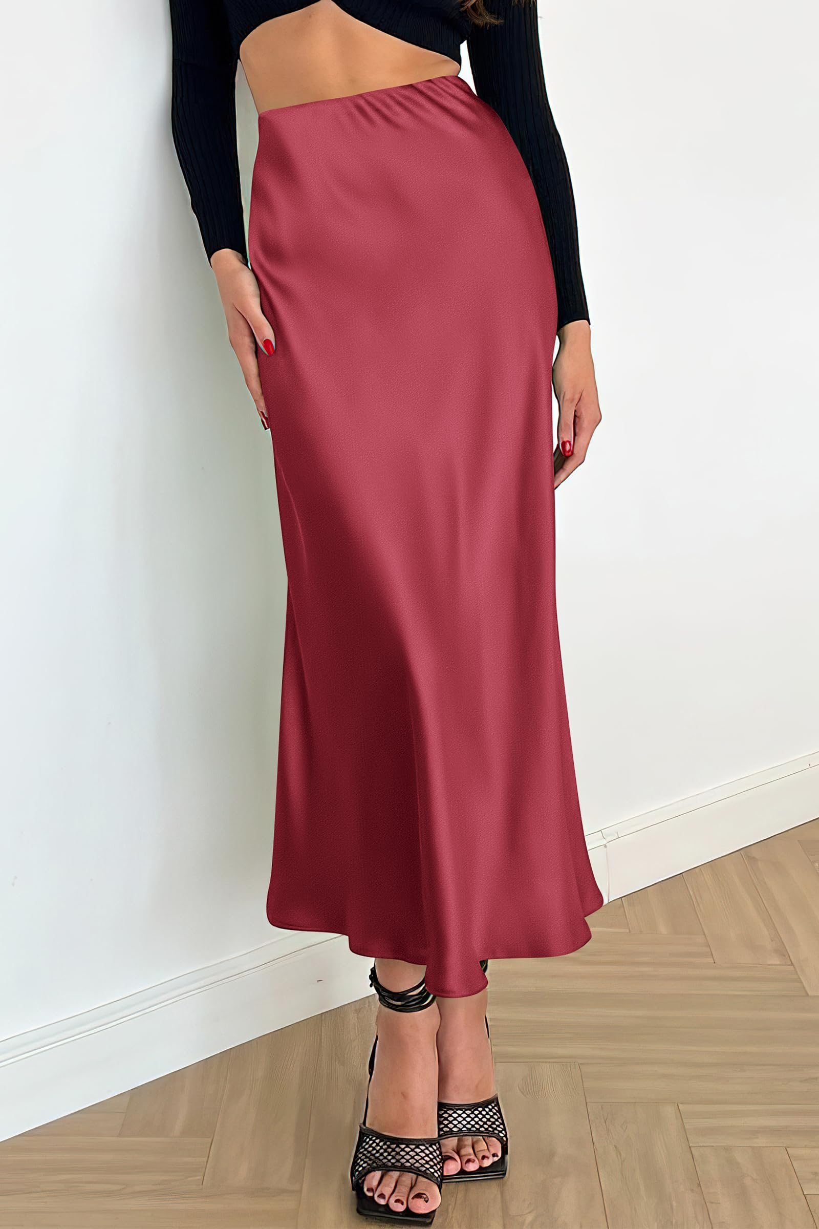 Women's Satin Midi Skirts Dressy Casual,Bean Paste Pink,S