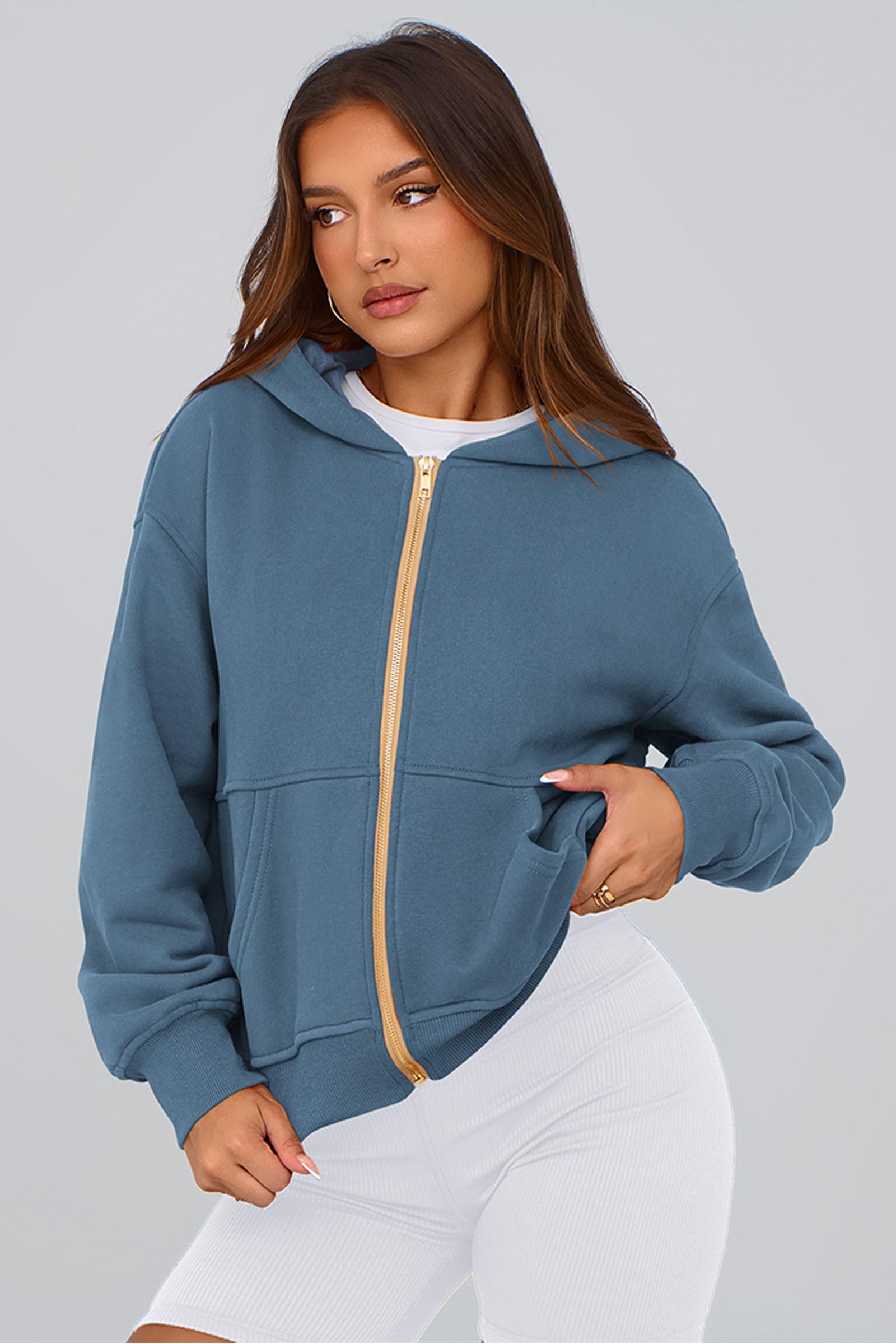 Hoodies for Women Fall Fashion Zip Up Fleece Plain Sweatshirt