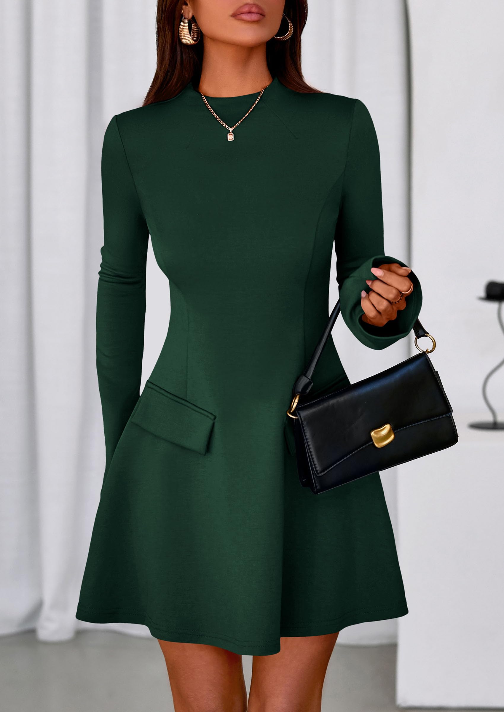 Women's Fall Bell Sleeve Short Dress,Dark Green,XS