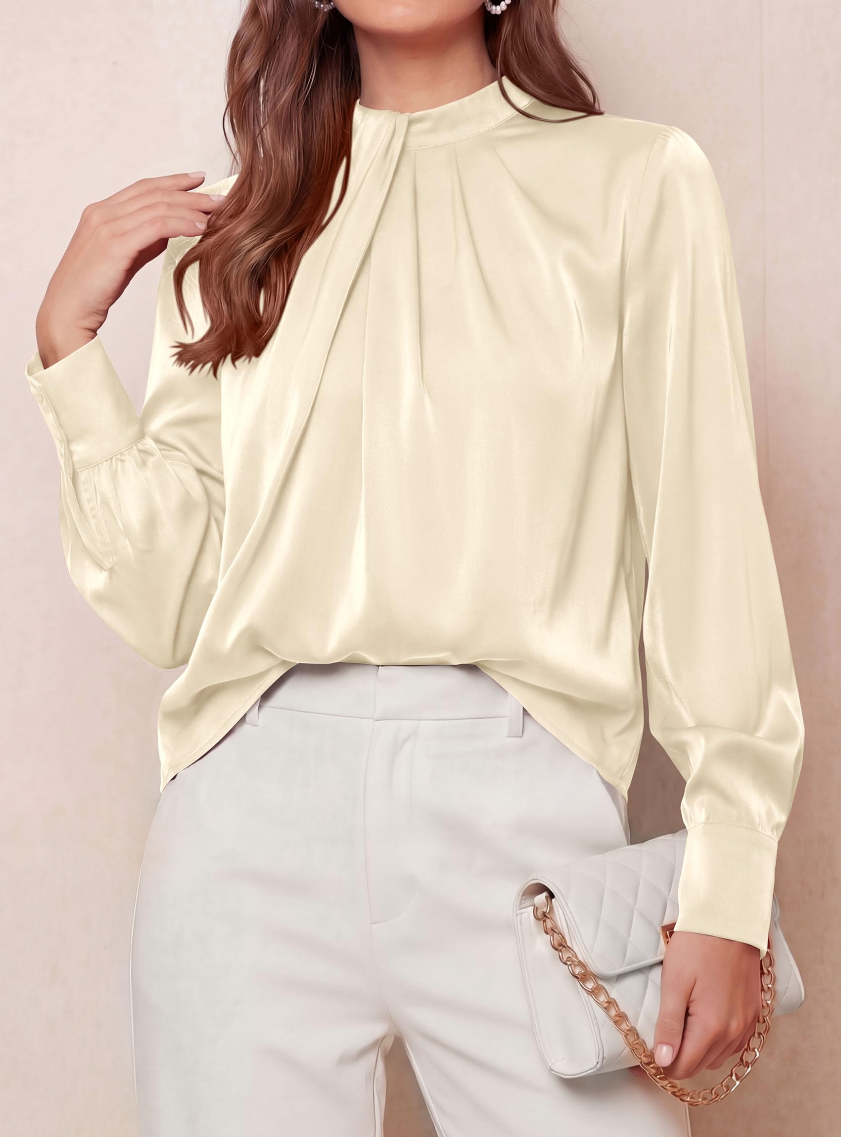 Satin Blouses for Women Dressy Casual Long Sleeve Shirts Beige
