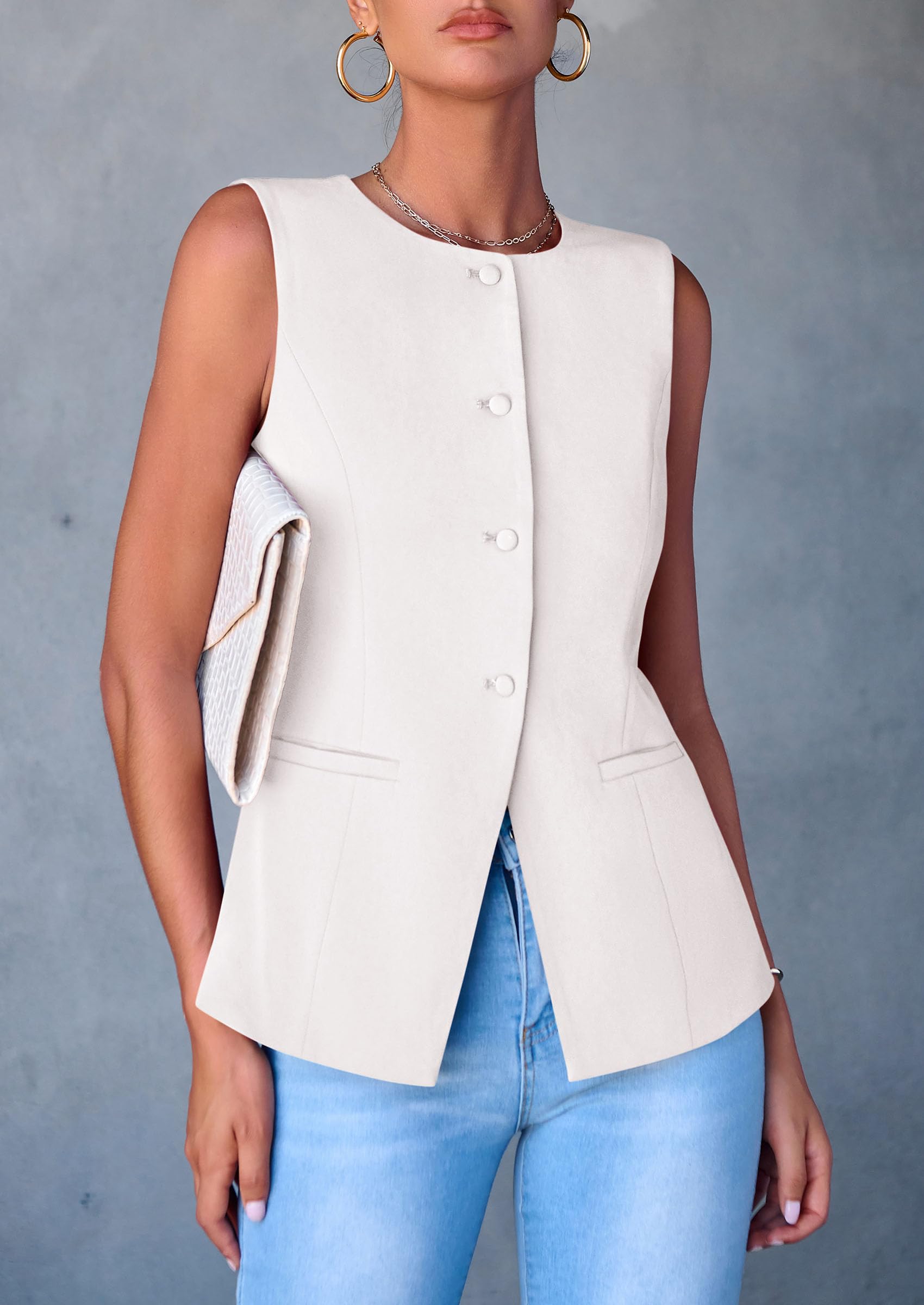 Women Tailored Suit Vest Business Casual Tops, White,S