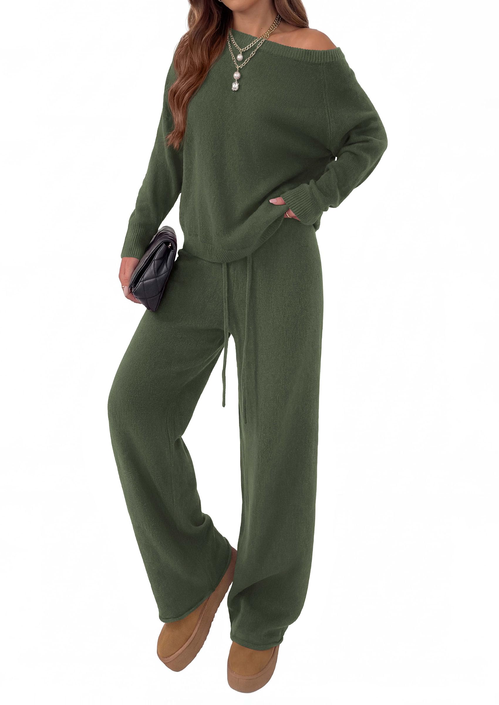 Lounge Sets Womens Sweaters Two Piece Outfits (Army Green,S)