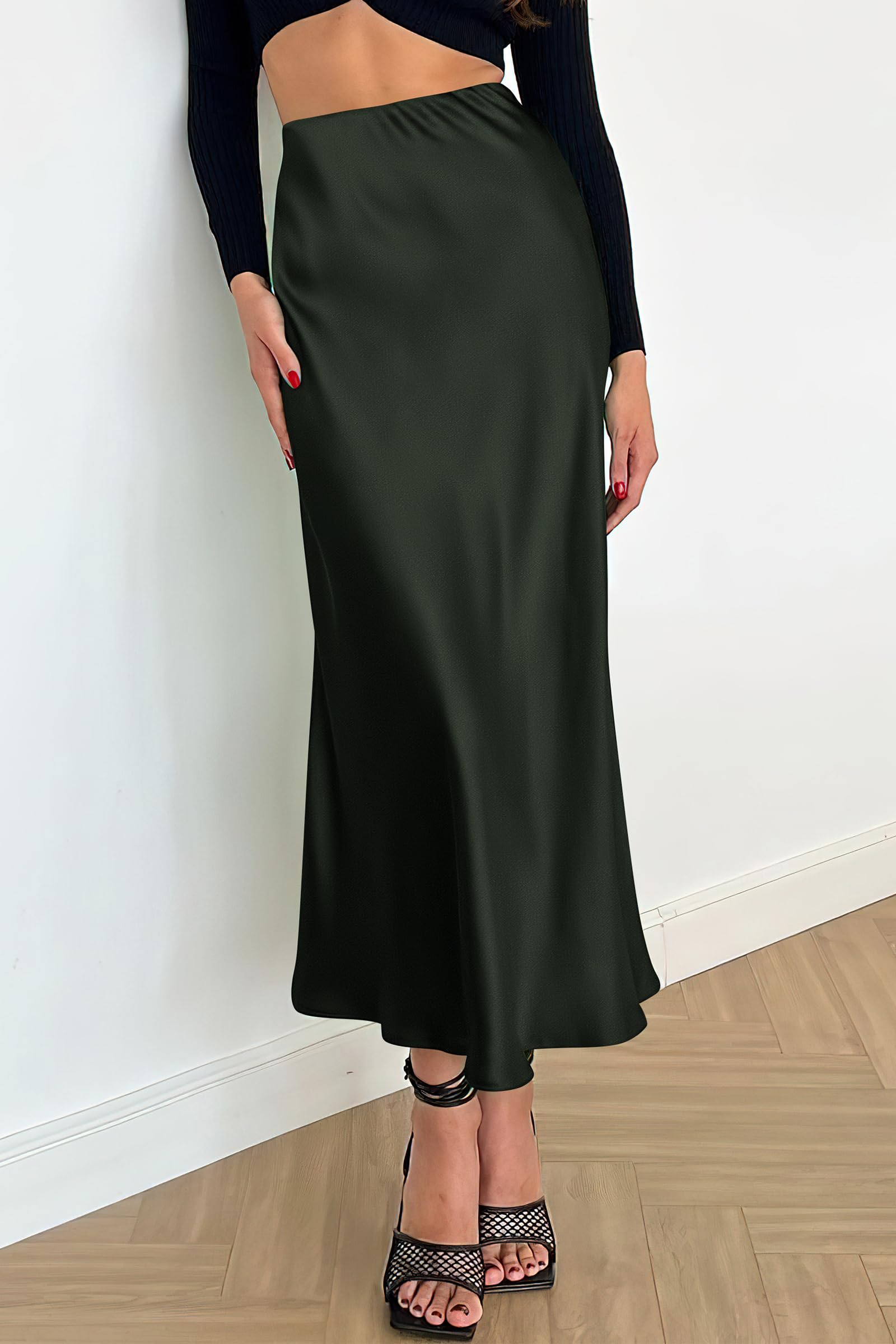 Women's Satin Midi Skirts Dressy Casual,Dark Army Green,S