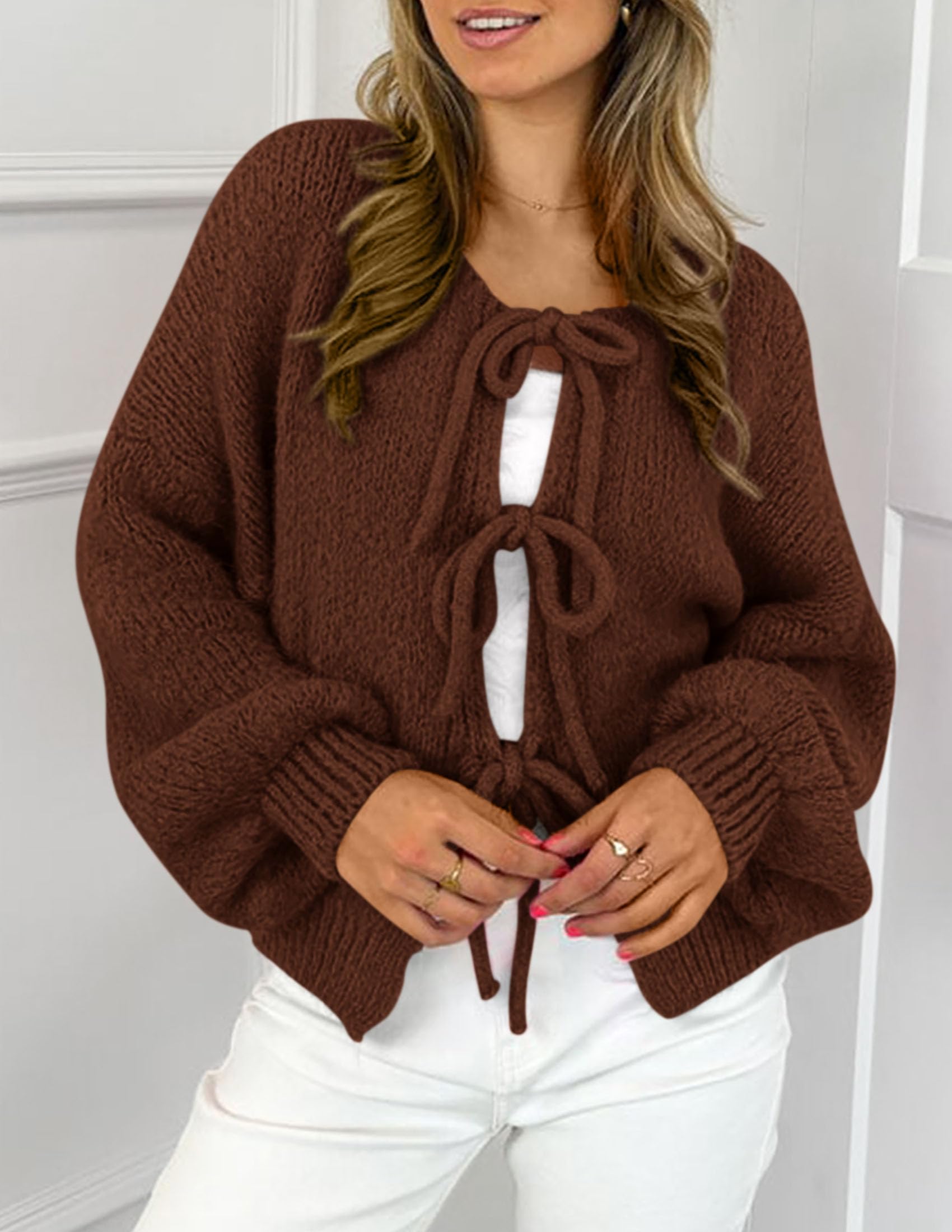 Women's Tie Front Bow Cardigan Sweaters(Caramel,Small)