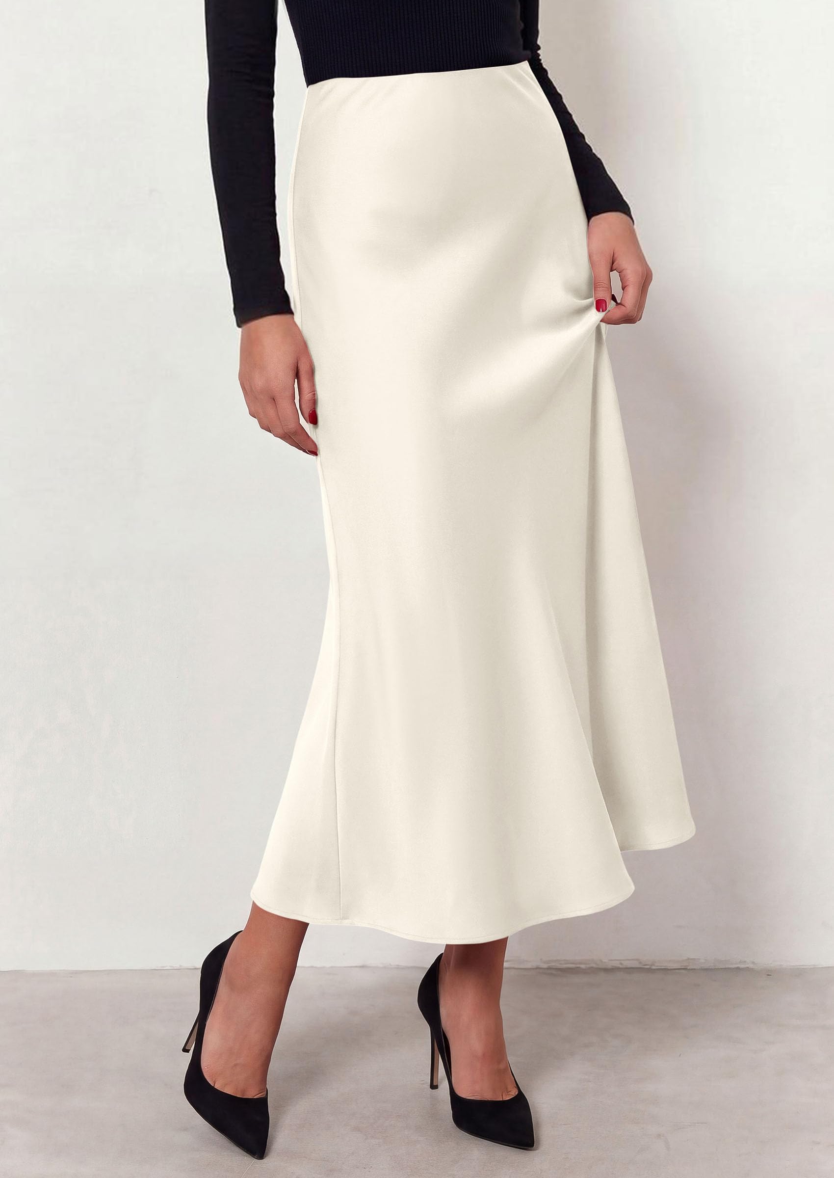 Women's Silk Satin Maxi Skirts Fall Clothes (Beige,L)