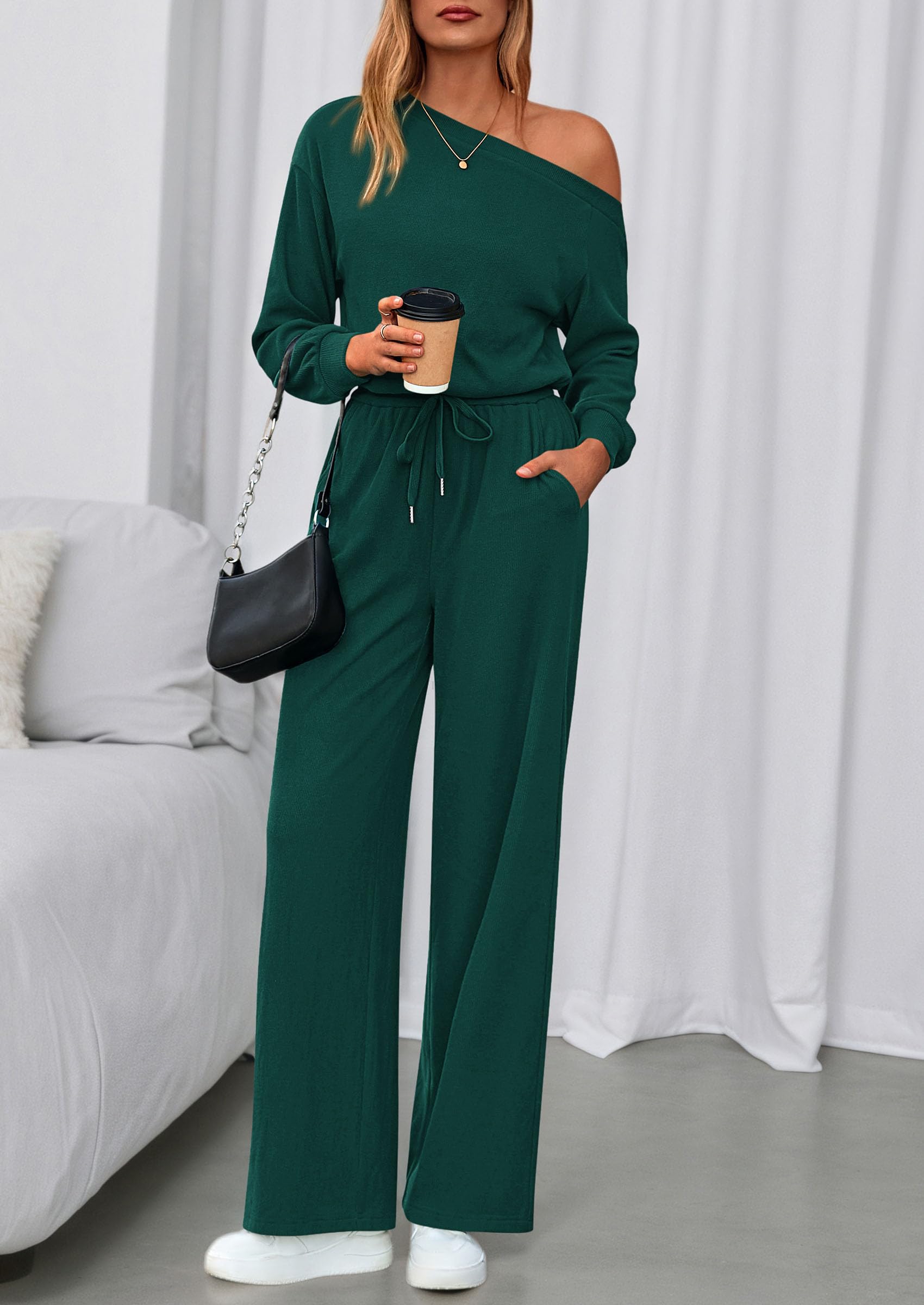 Womens Off Shoulder Long Sleeve Jumpsuit,Dark Green,S